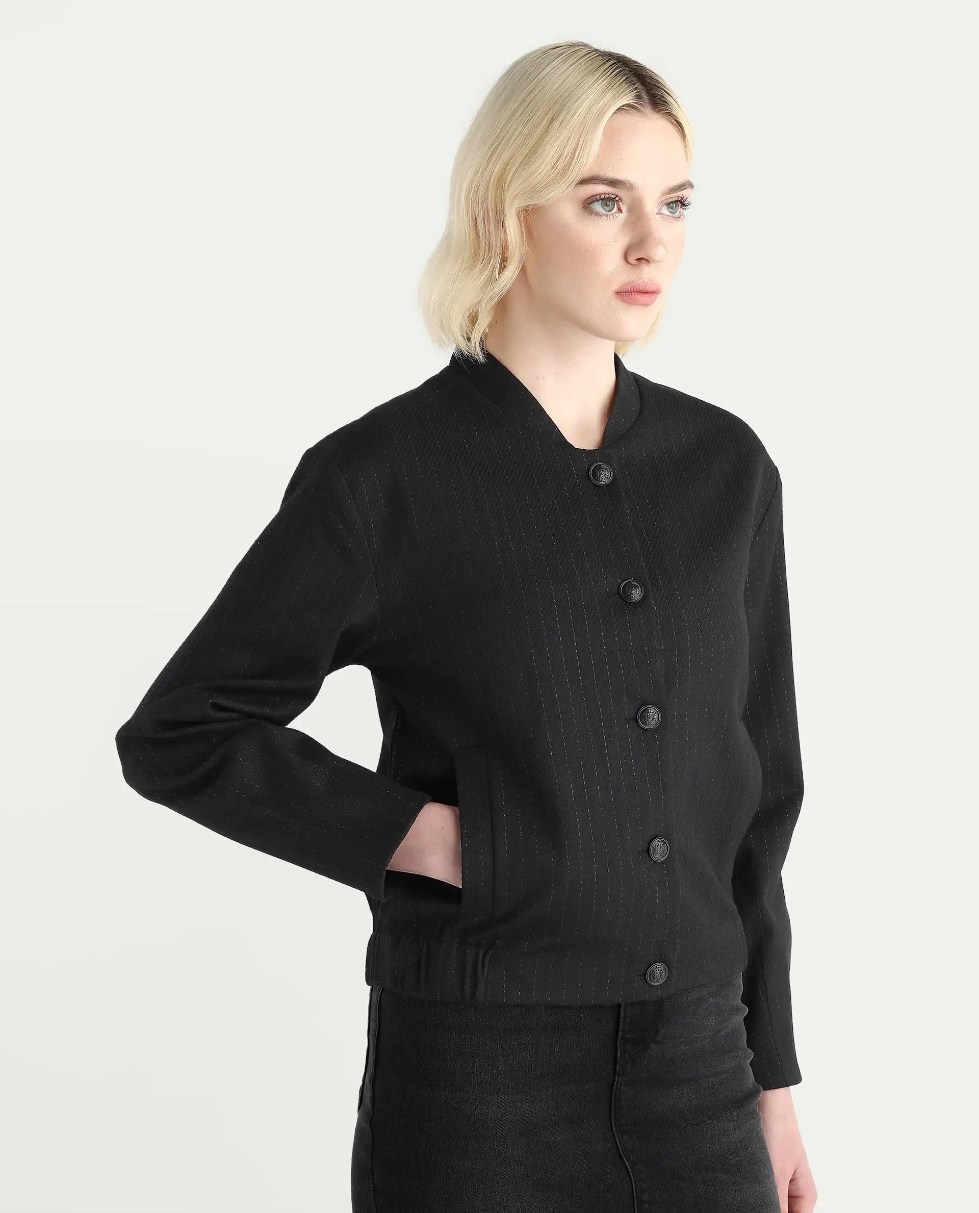 Rareism Women's Nestri Black Polyester Mandrin Collar Regular Fit Plain Jacket