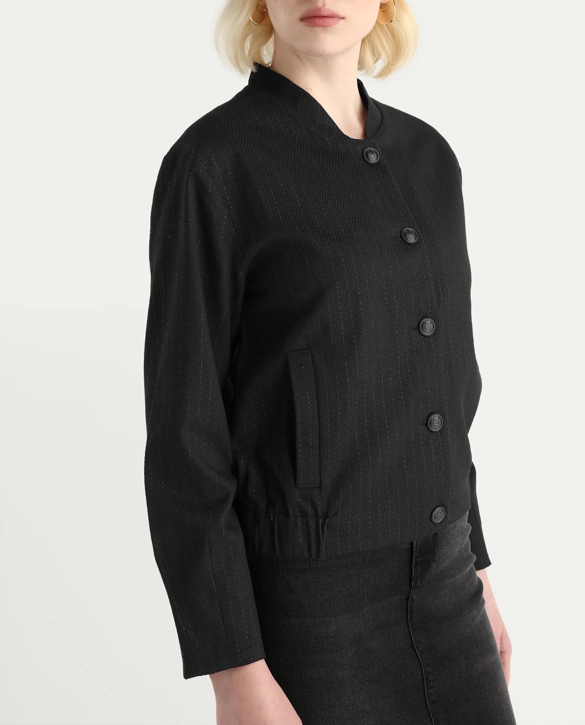 Rareism Women's Nestri Black Polyester Mandrin Collar Regular Fit Plain Jacket