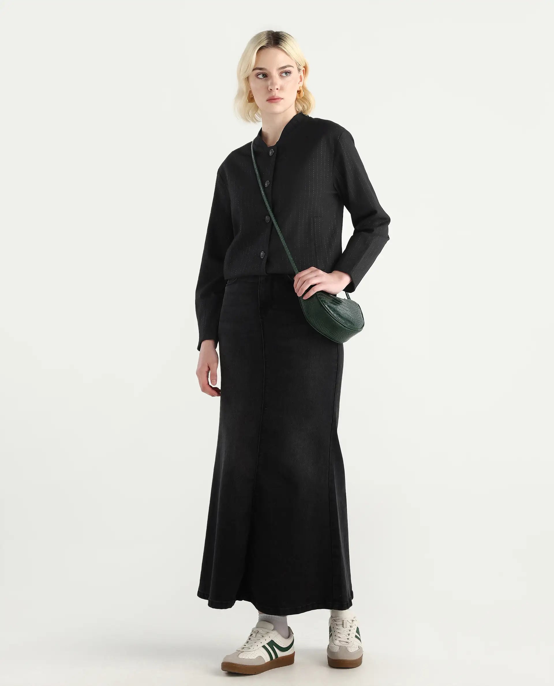 Rareism Women's Nestri Black Polyester Mandrin Collar Regular Fit Plain Jacket