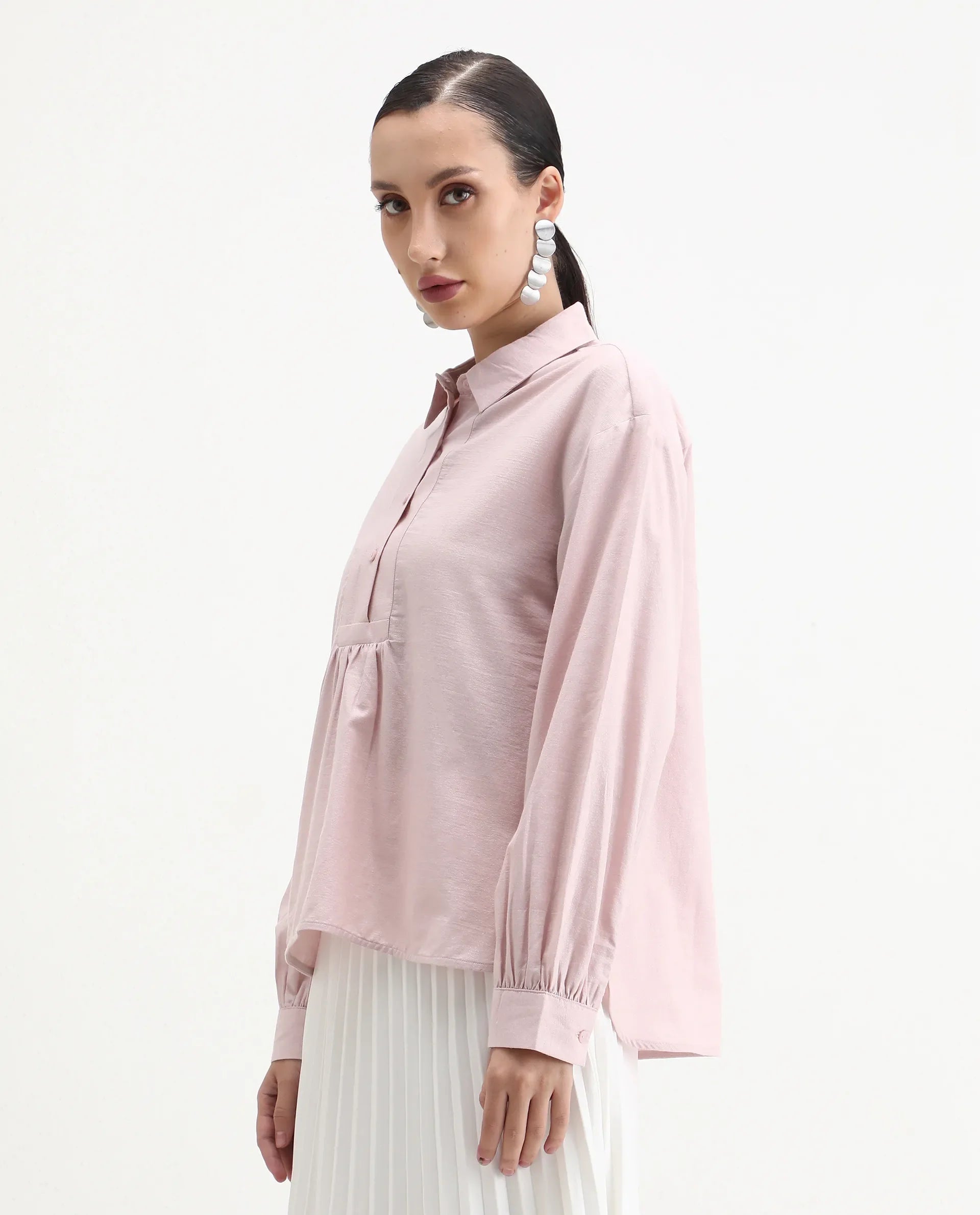 Rareism Women's Netto Pastel Pink Cotton Bishop Sleeve Collared Neck Relaxed Fit Plain Top