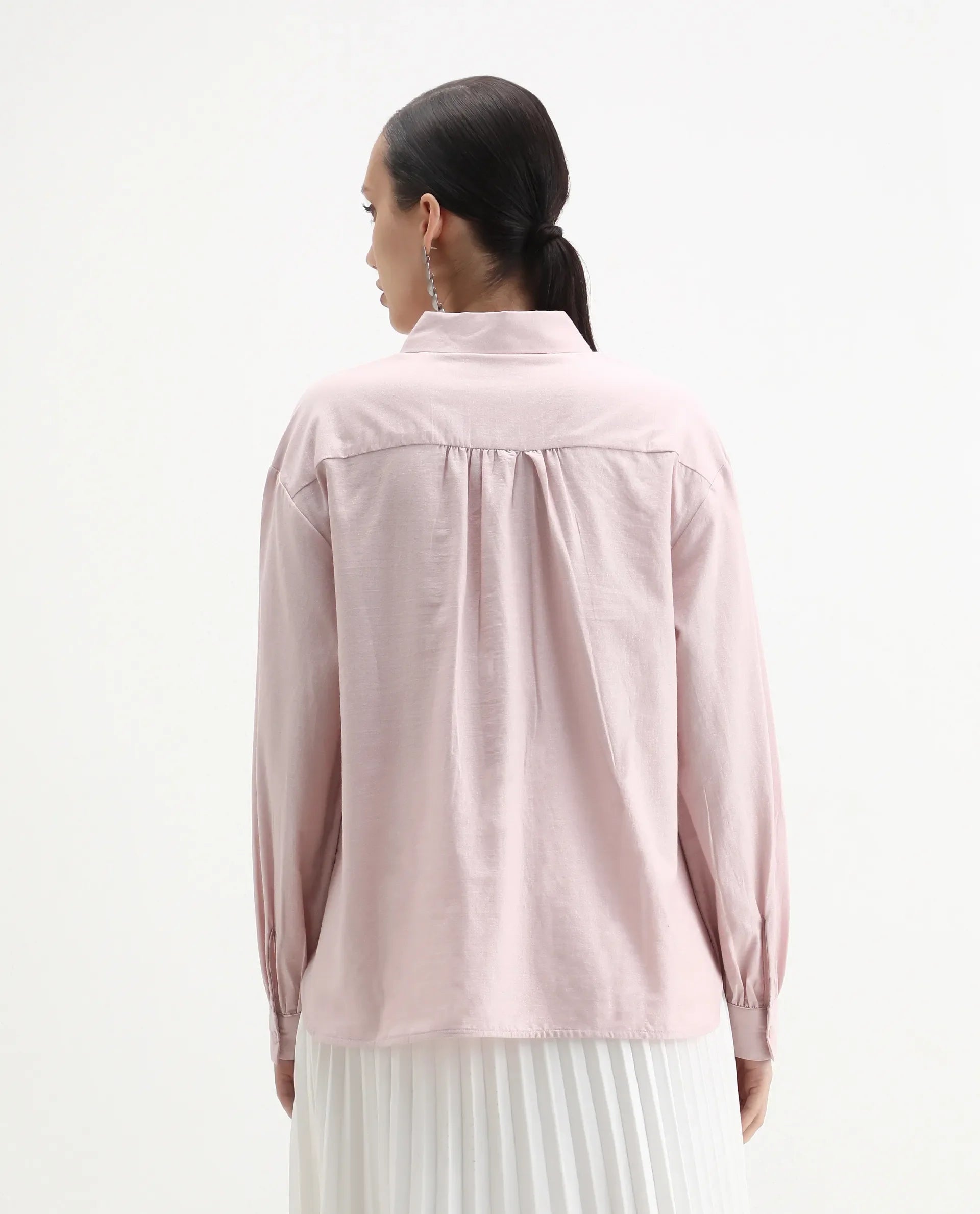 Rareism Women's Netto Pastel Pink Cotton Bishop Sleeve Collared Neck Relaxed Fit Plain Top