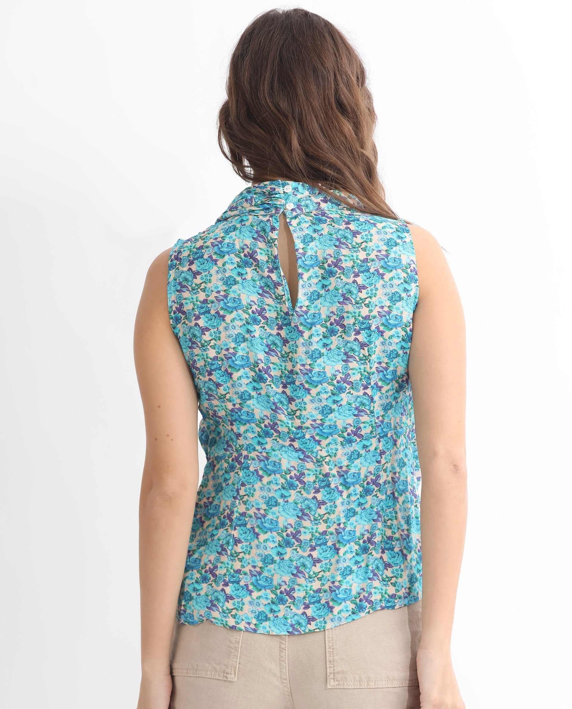 Rareism Women's Never Blue Cotton Blend High Neck Floral Print Sleeveless Tailored Top