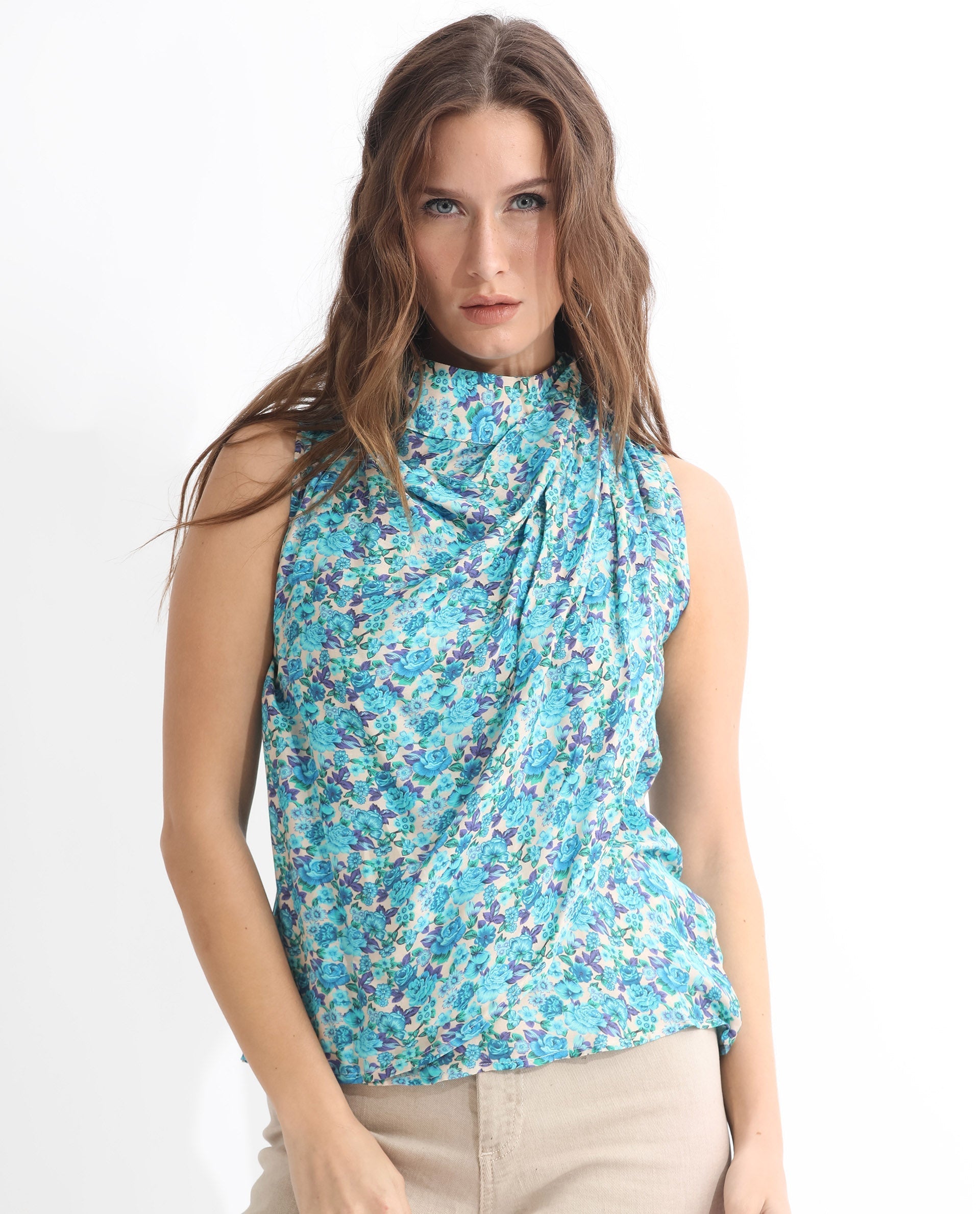 Rareism Women's Never Blue Cotton Blend High Neck Floral Print Sleeveless Tailored Top