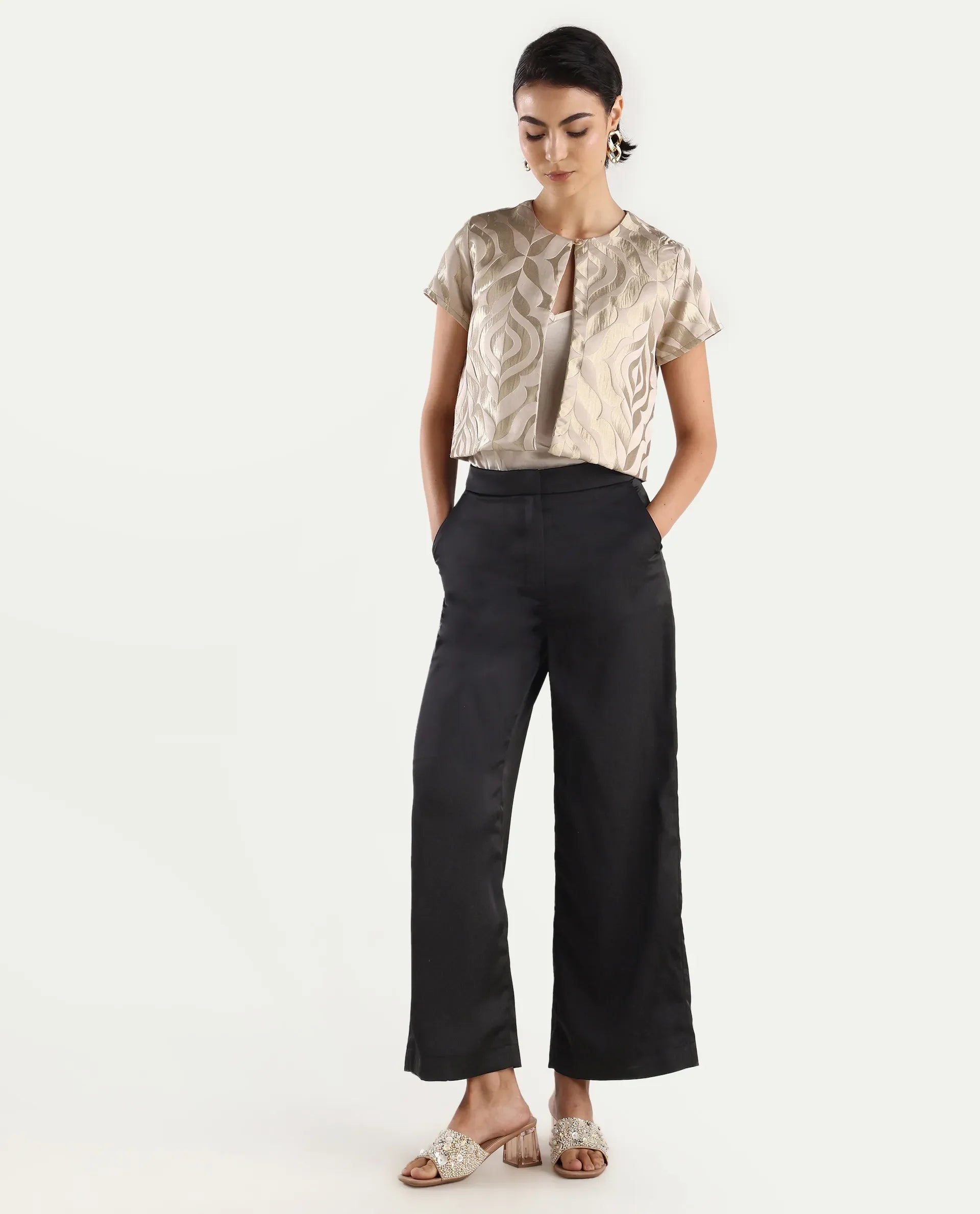 Rareism Women's Nevter-B Black Polyester Plain Ankle Length Straight Fit Trouser