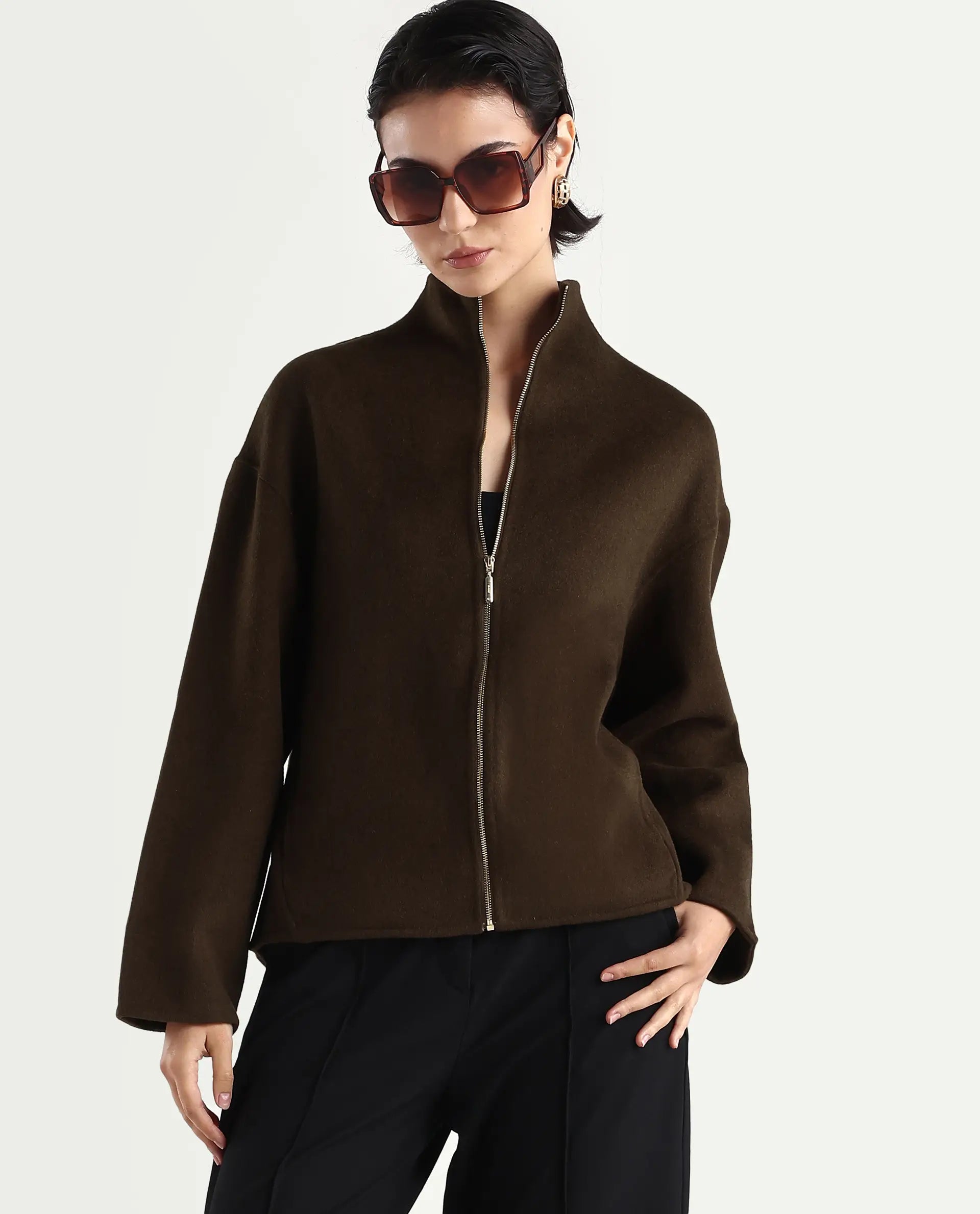 Rareism Women's Newool Olive Polyester Blend High Neck Regular Fit Jacket