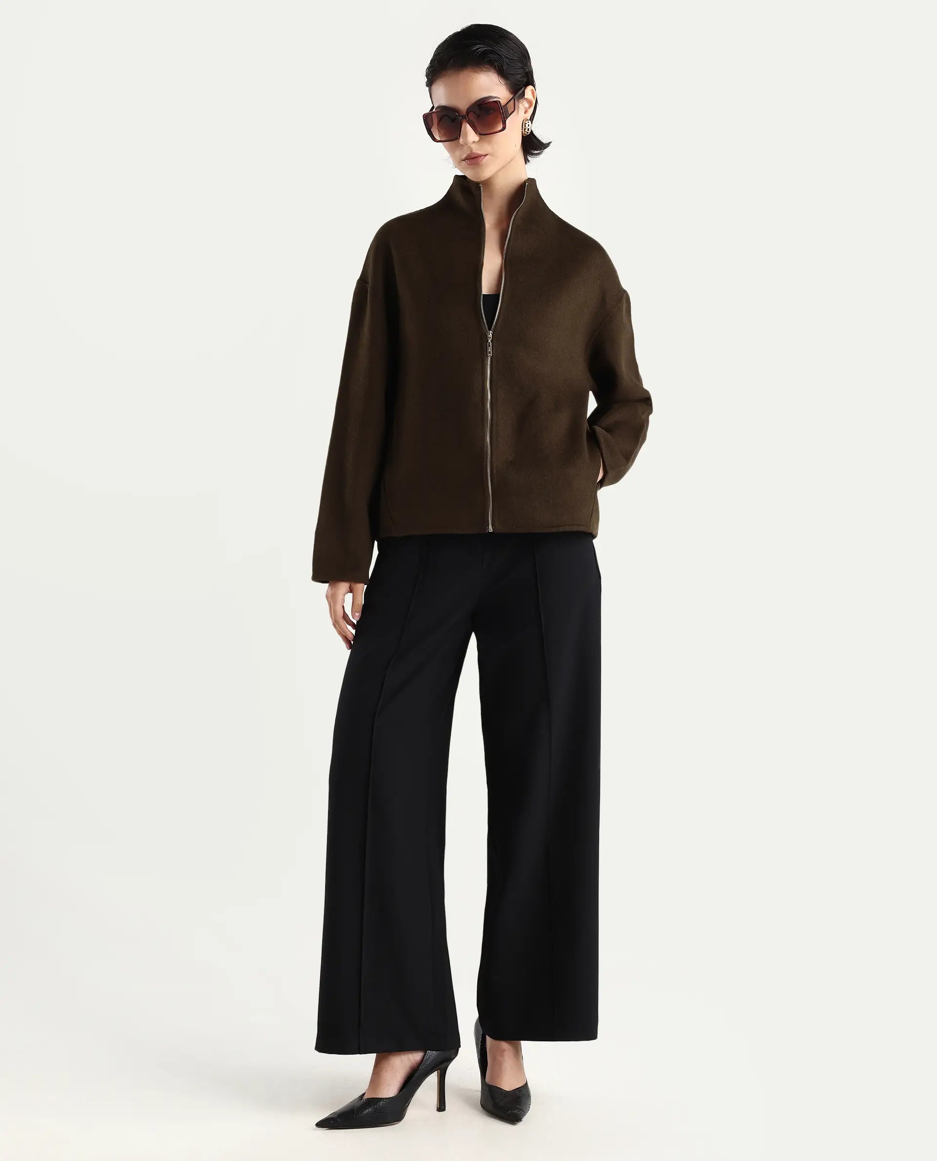 Rareism Women's Newool Olive Polyester Blend High Neck Regular Fit Jacket