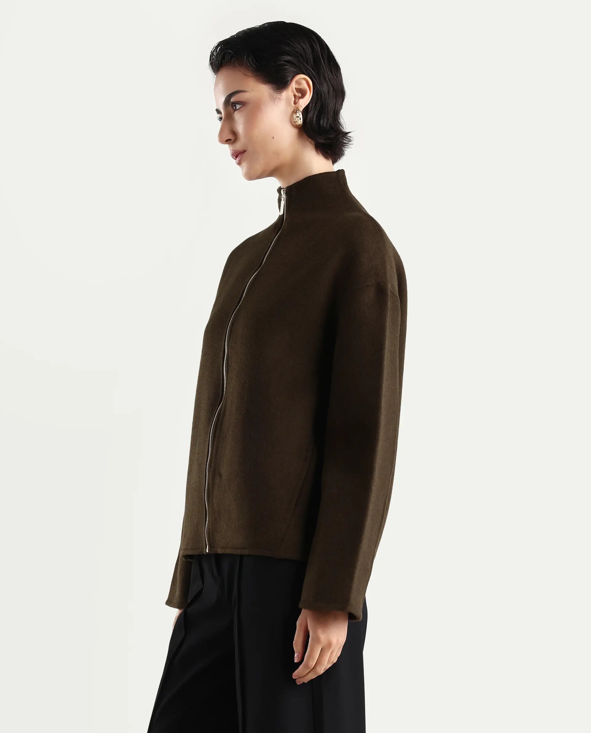 Rareism Women's Newool Olive Polyester Blend High Neck Regular Fit Jacket