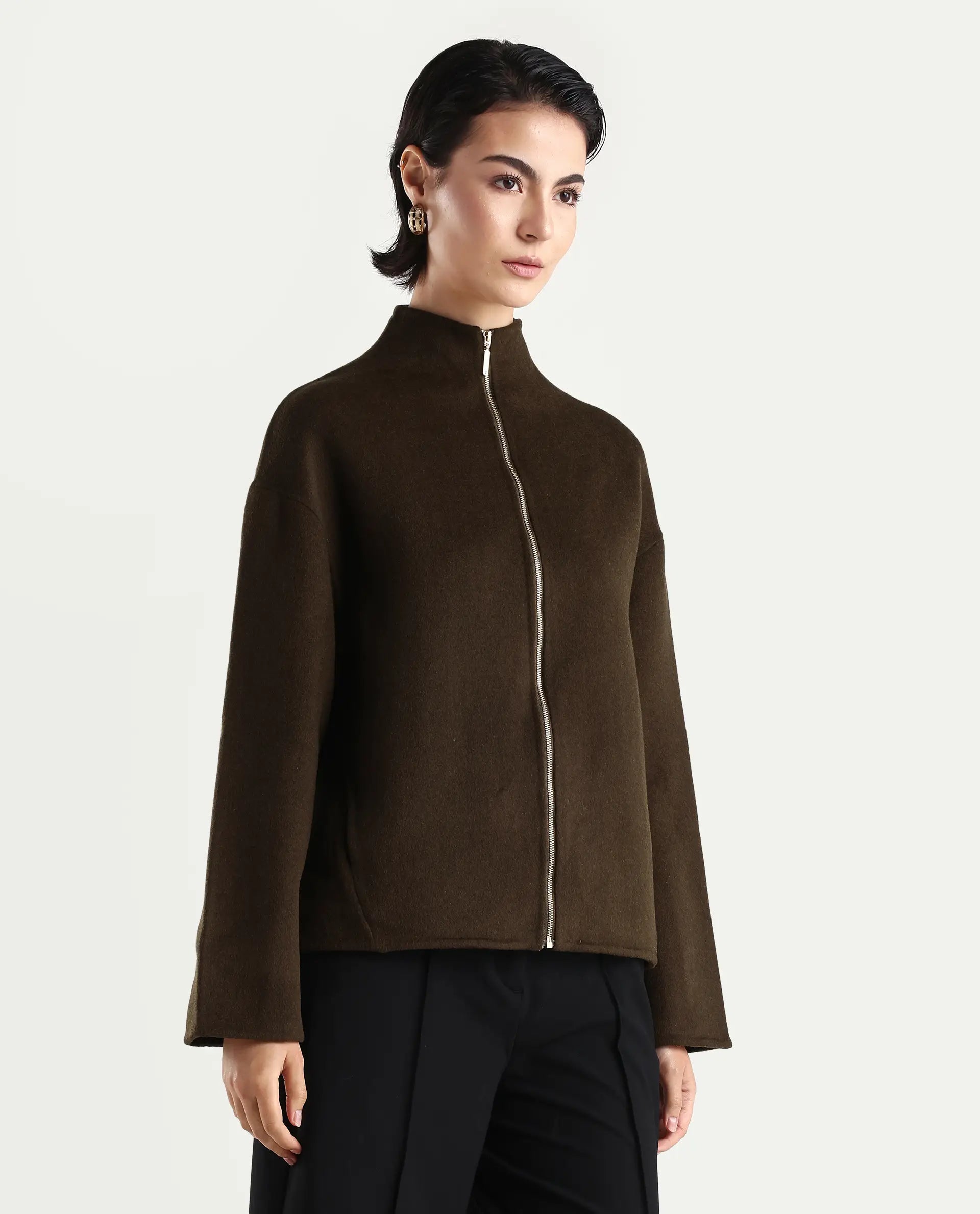 Rareism Women's Newool Olive Polyester Blend High Neck Regular Fit Jacket