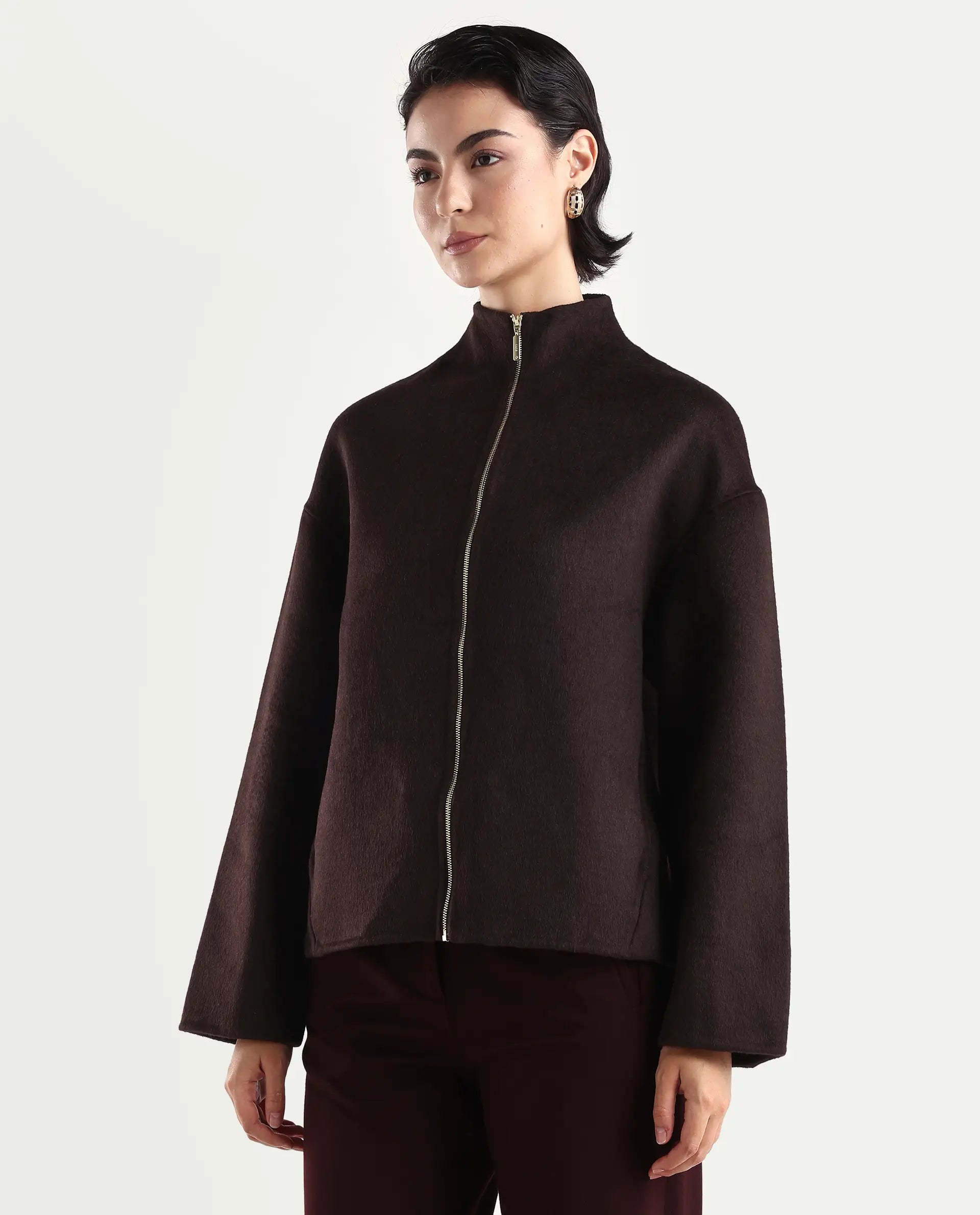 Rareism Women's Newool Prune Polyester Blend High Neck Regular Fit Jacket