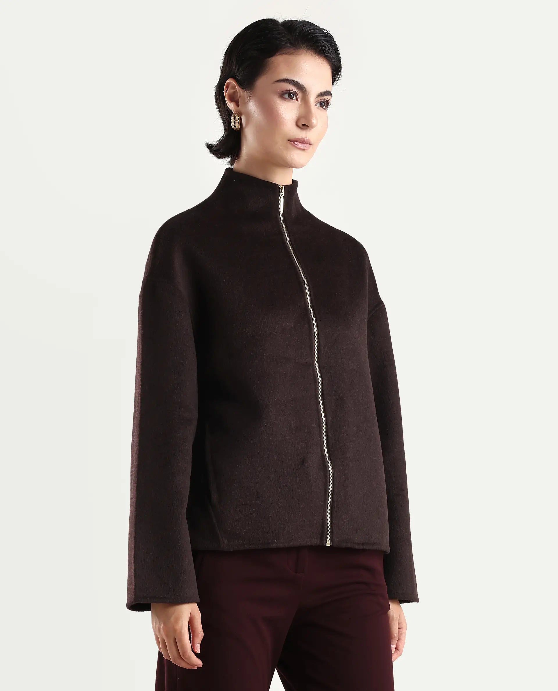 Rareism Women's Newool Prune Polyester Blend High Neck Regular Fit Jacket