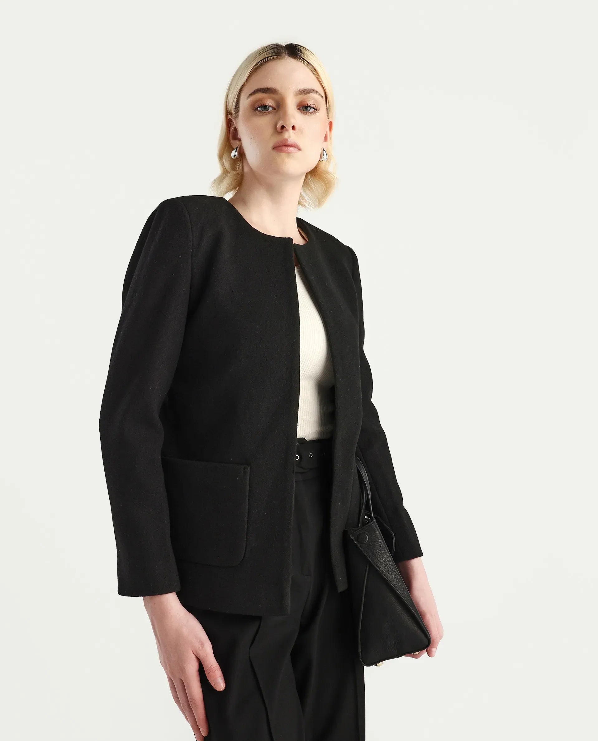 Rareism Women's Nexmar Black Polyester Blend Round Plain Jacket Fit Plain Jacket