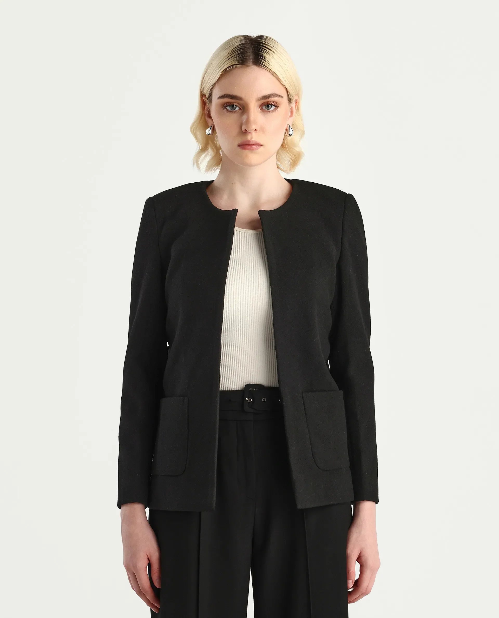 Rareism Women's Nexmar Black Polyester Blend Round Plain Jacket Fit Plain Jacket