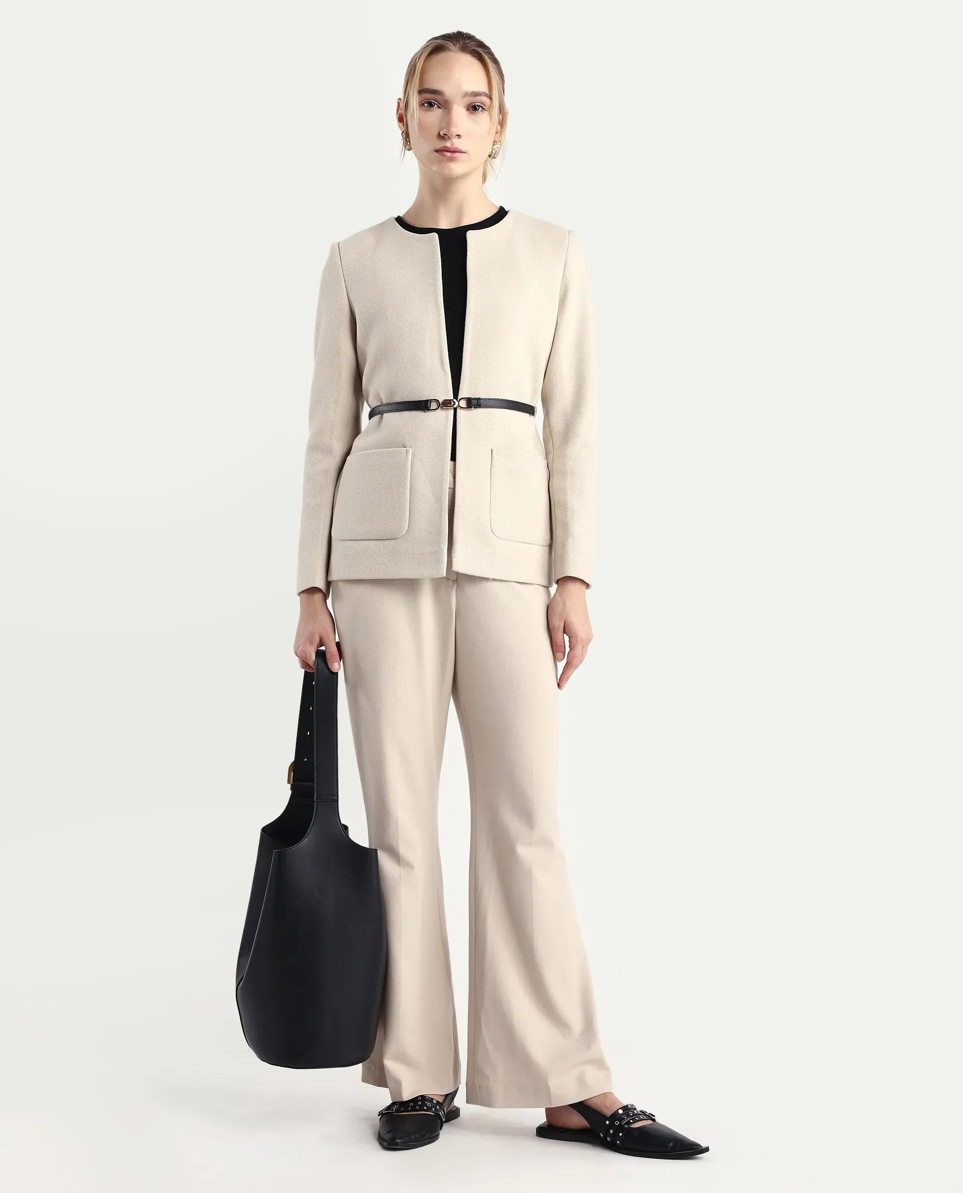 Rareism Women's Nexmar Off White Polyester Blend Jacket Plain Jacket