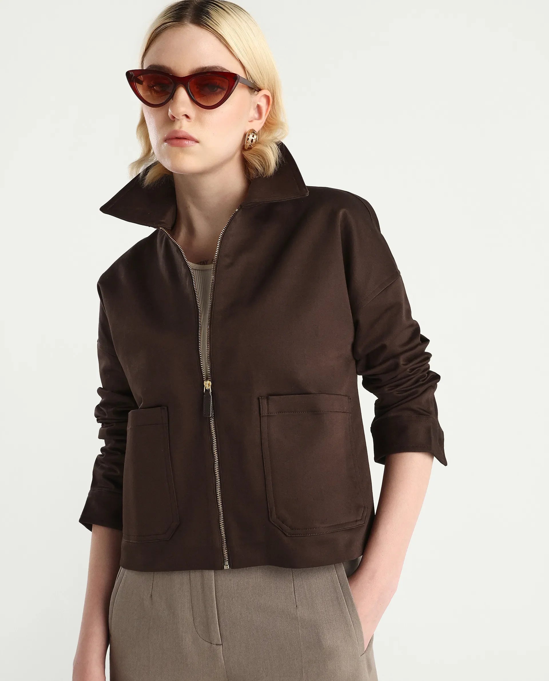 Rareism Women's Nicolin Brown Cotton Blend Spread Collar Relaxed Fit Jacket