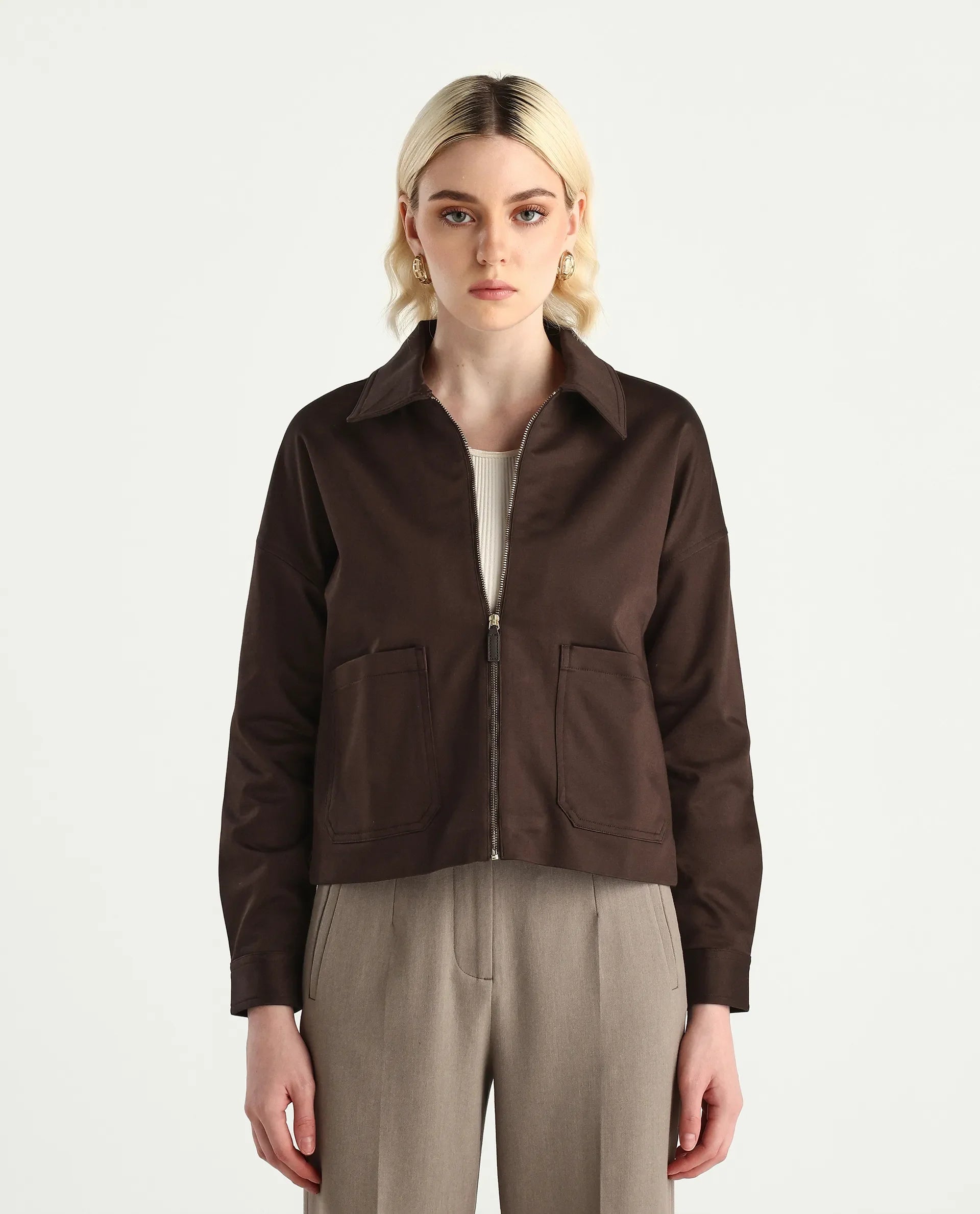 Rareism Women's Nicolin Brown Cotton Blend Spread Collar Relaxed Fit Jacket