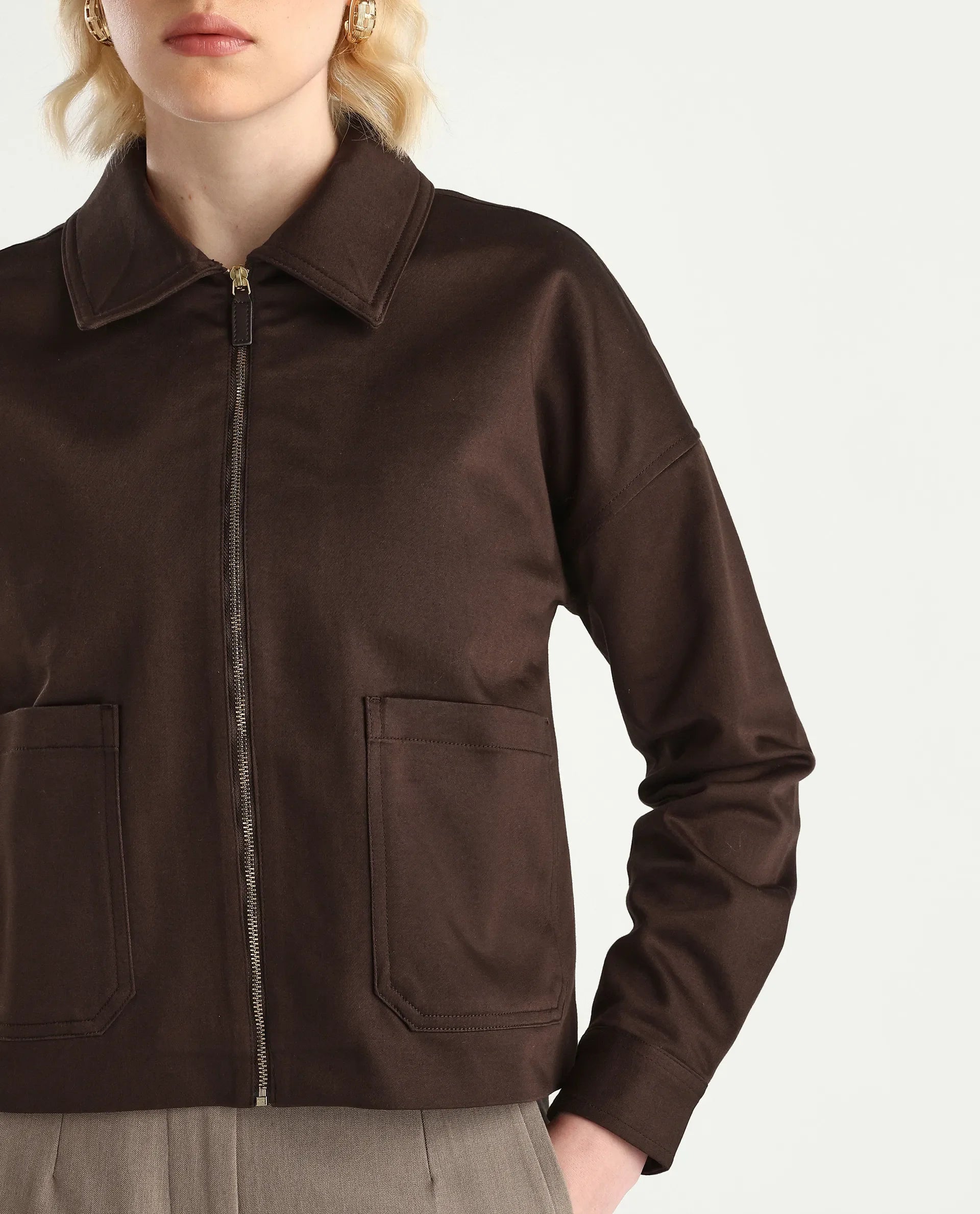 Rareism Women's Nicolin Brown Cotton Blend Spread Collar Relaxed Fit Jacket