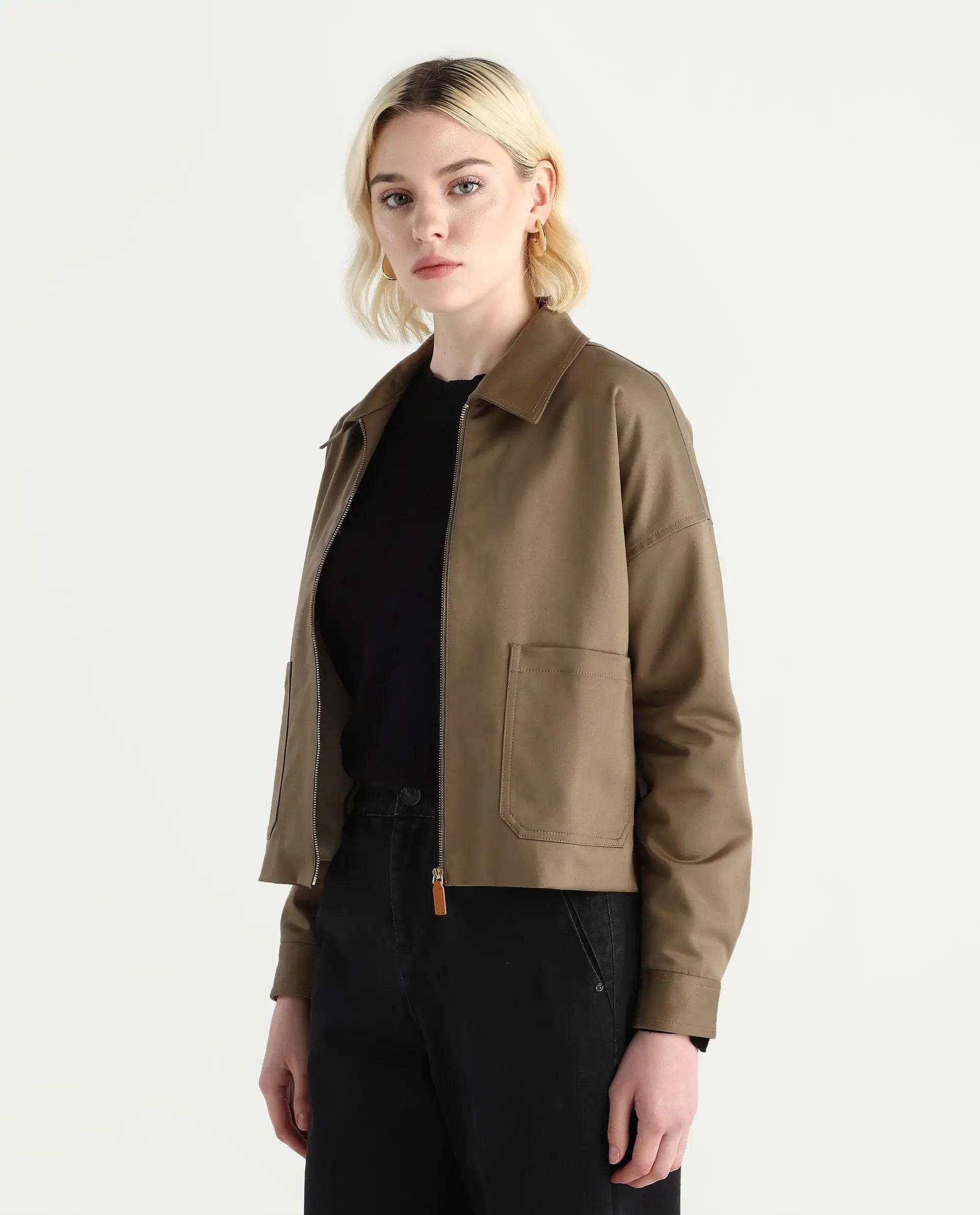Rareism Women's Nicolin Khaki Cotton Blend Spread Collar Relaxed Fit Jacket