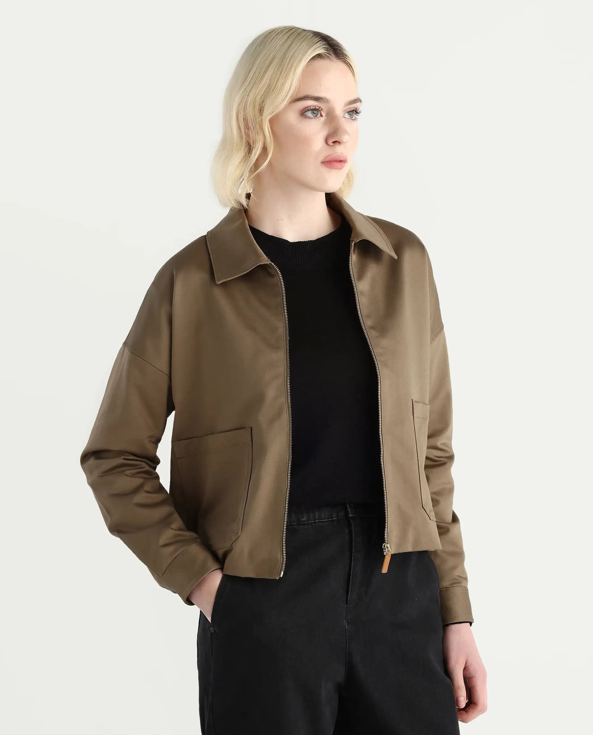 Rareism Women's Nicolin Khaki Cotton Blend Spread Collar Relaxed Fit Jacket