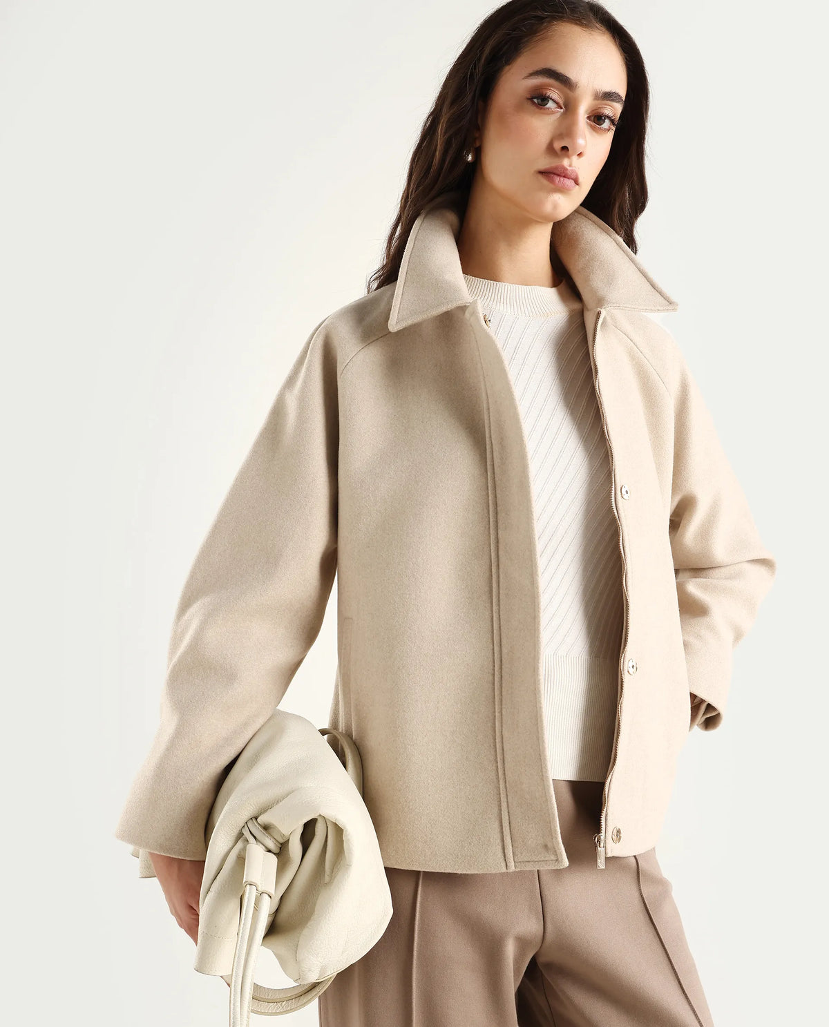 Rareism Women's Nicos Beige Polyester Blend Collared Neck Jacket Plain Jacket