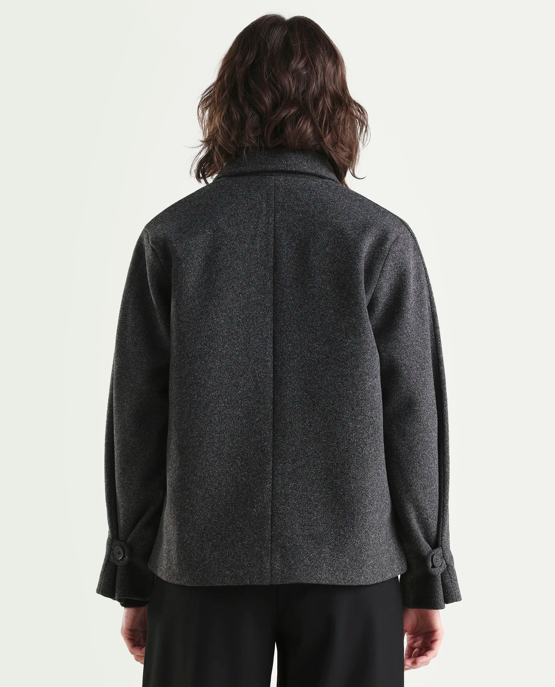 Rareism Women's Nicos Grey Polyester Blend Collared Neck Jacket Plain Jacket