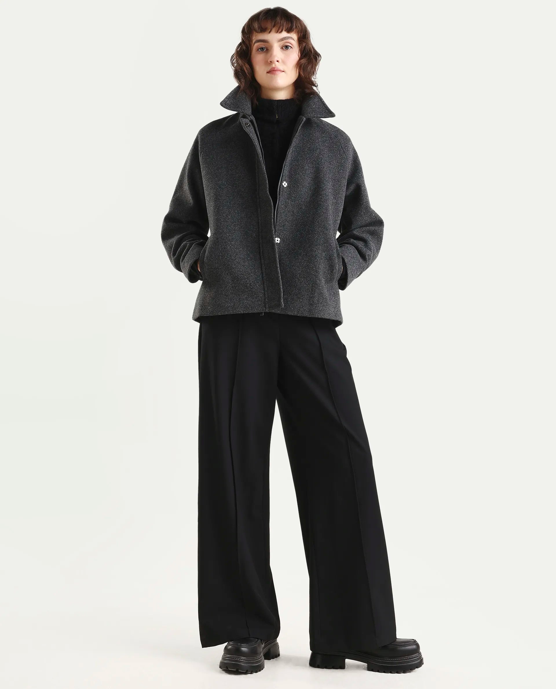 Rareism Women's Nicos Grey Polyester Blend Collared Neck Jacket Plain Jacket