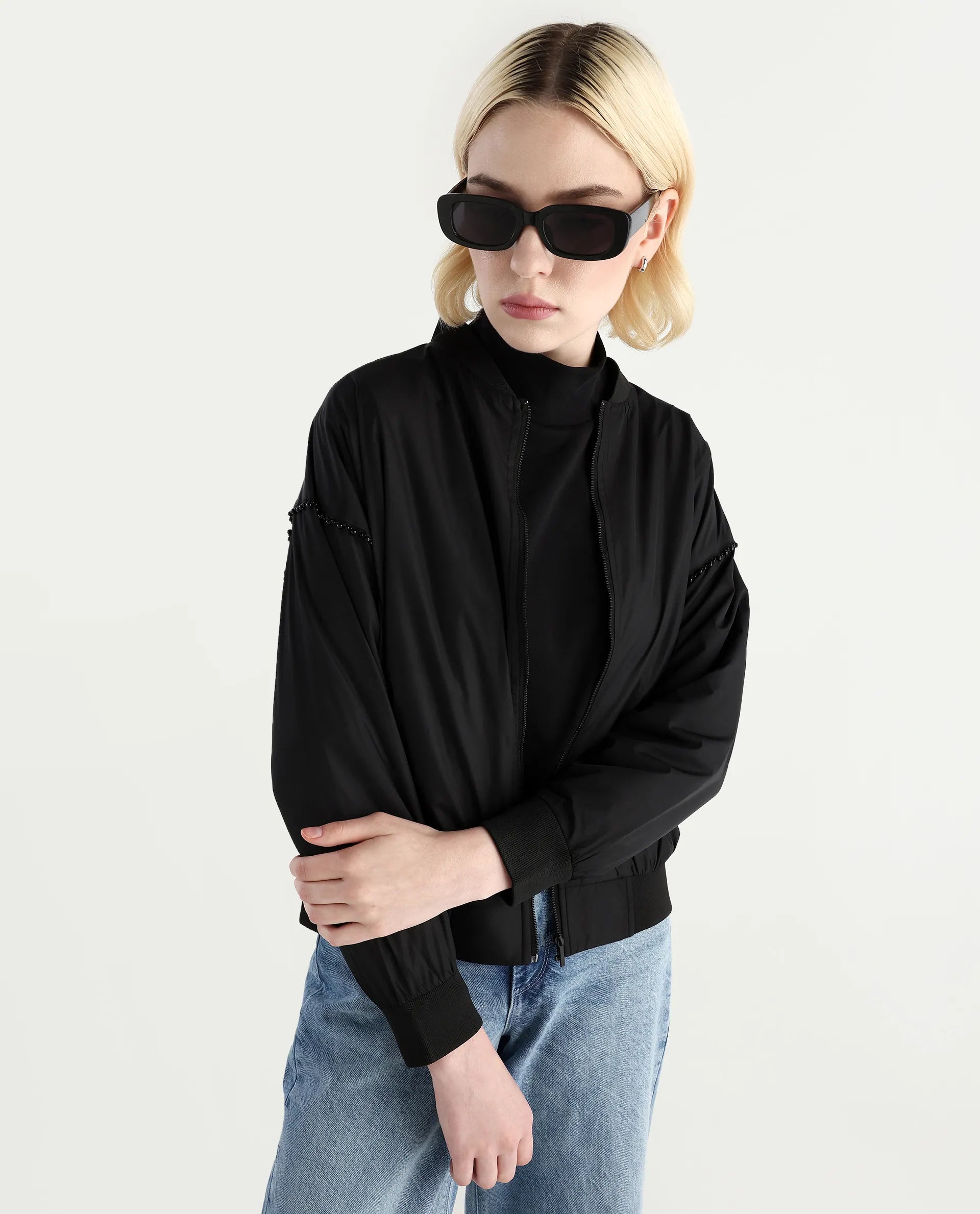 Rareism Women's Nifreen Black Polyester Rib Collar Boxy Plain Jacket