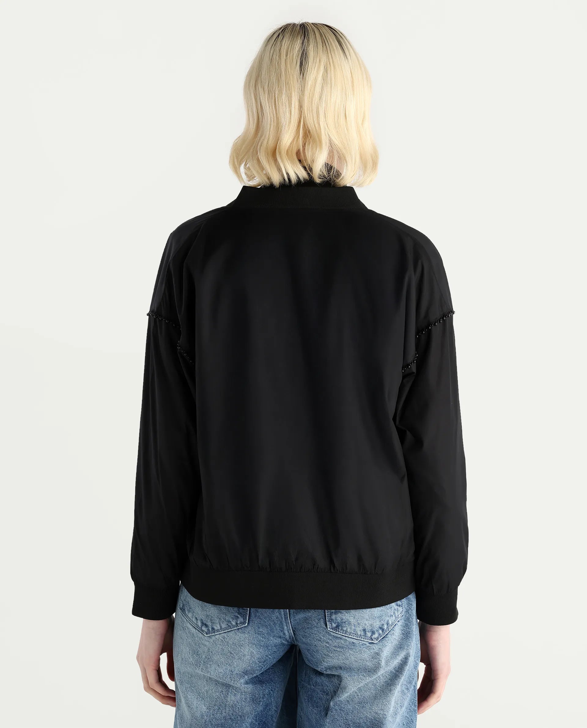 Rareism Women's Nifreen Black Polyester Rib Collar Boxy Plain Jacket