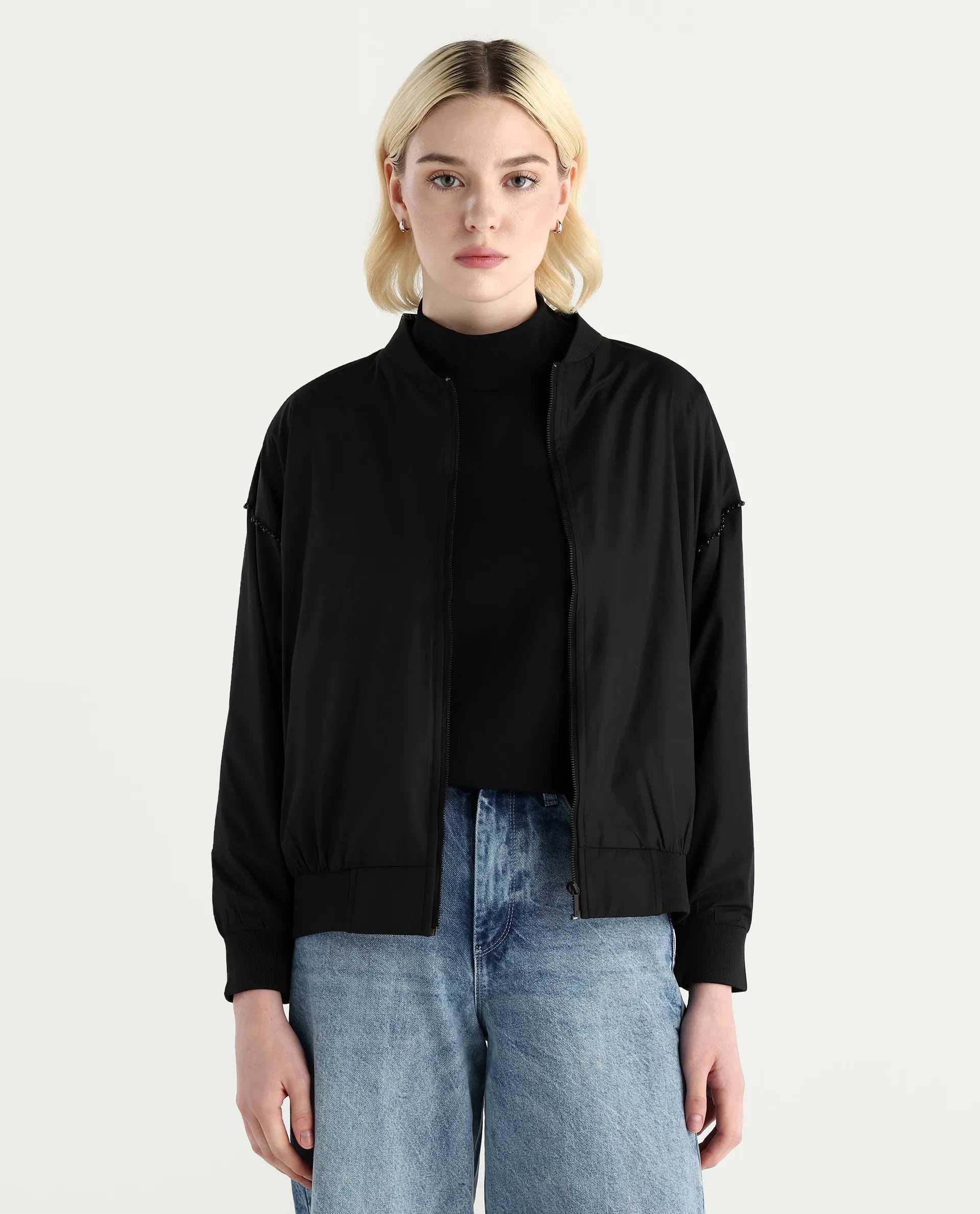 Rareism Women's Nifreen Black Polyester Rib Collar Boxy Plain Jacket