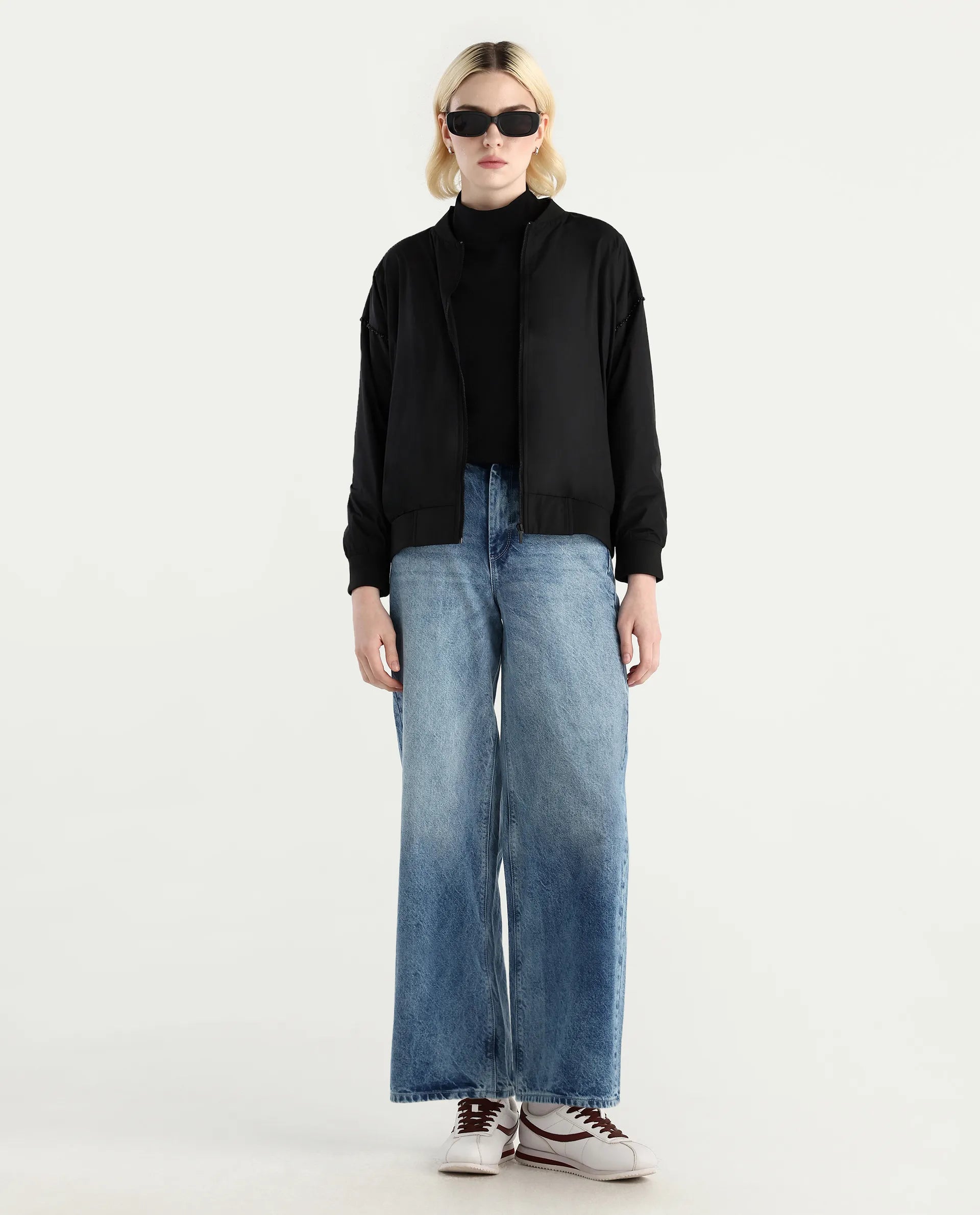 Rareism Women's Nifreen Black Polyester Rib Collar Boxy Plain Jacket