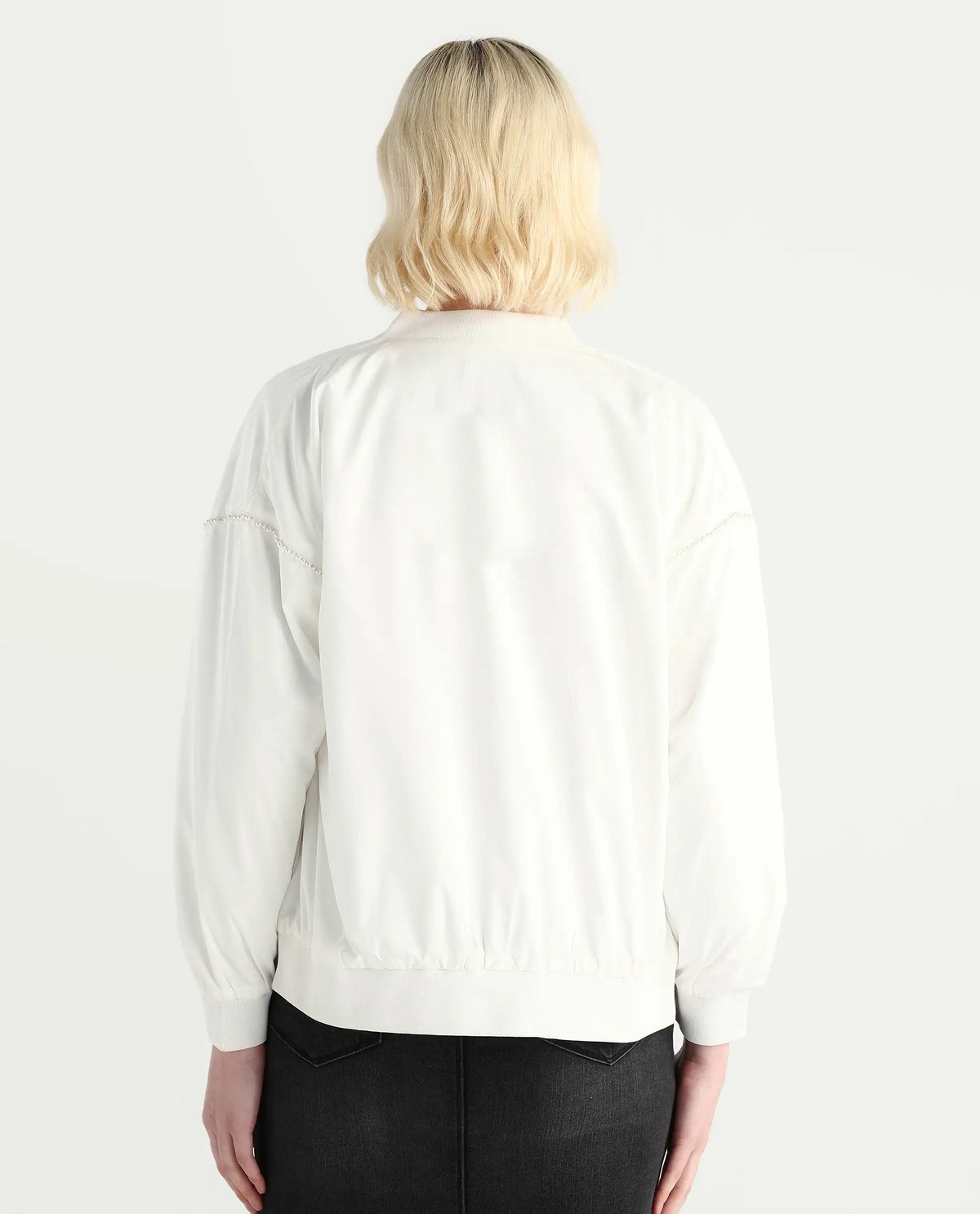 Rareism Women's Nifreen Off White Polyester Rib Collar Boxy Fit Plain Jacket