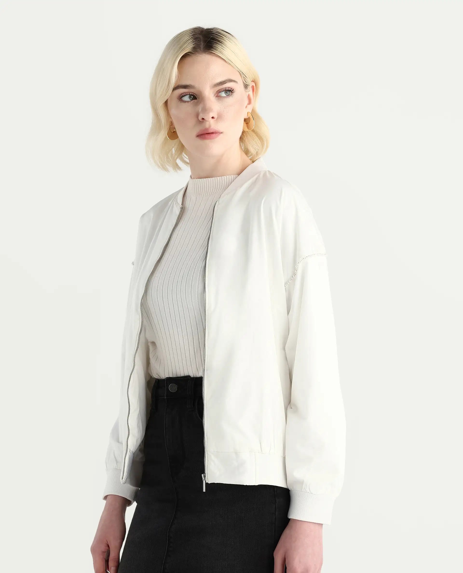 Rareism Women's Nifreen Off White Polyester Rib Collar Boxy Fit Plain Jacket
