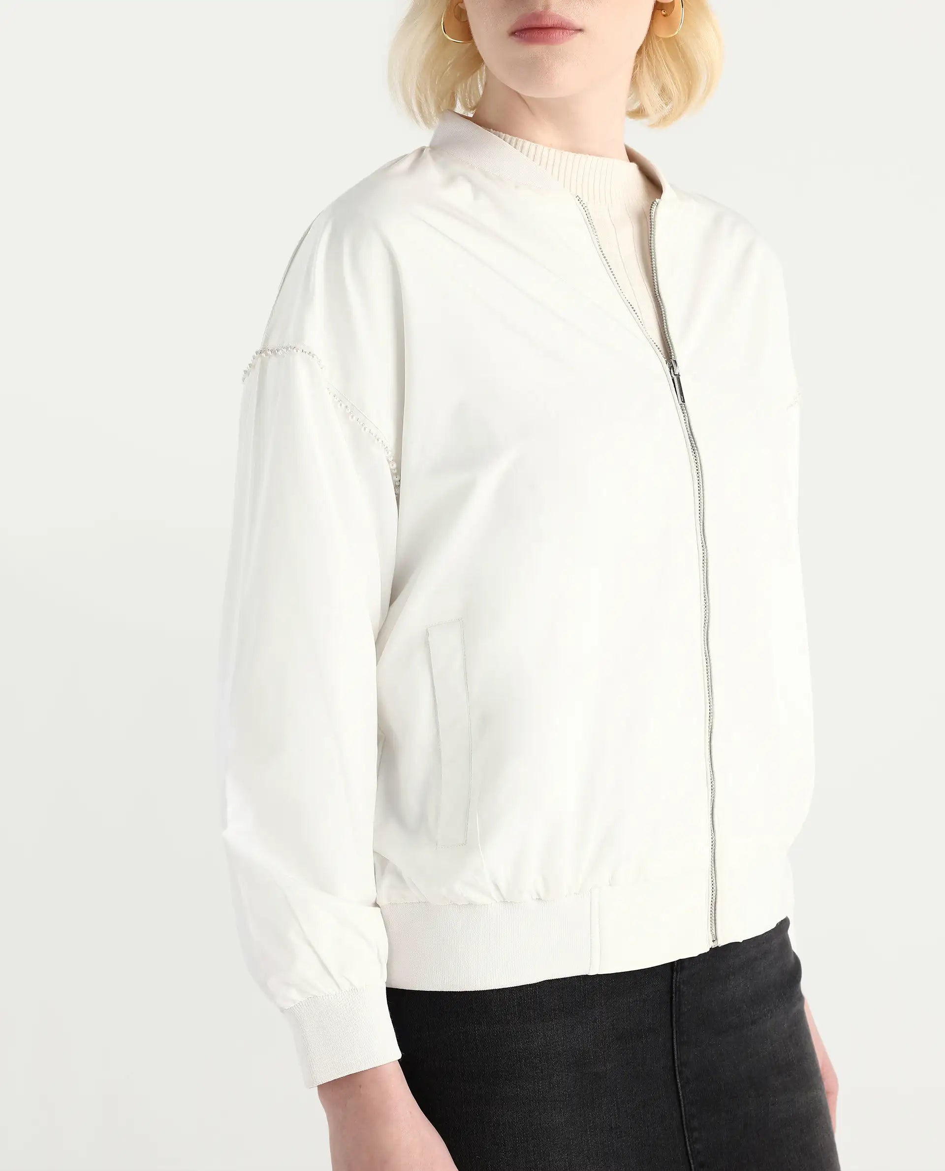 Rareism Women's Nifreen Off White Polyester Rib Collar Boxy Fit Plain Jacket