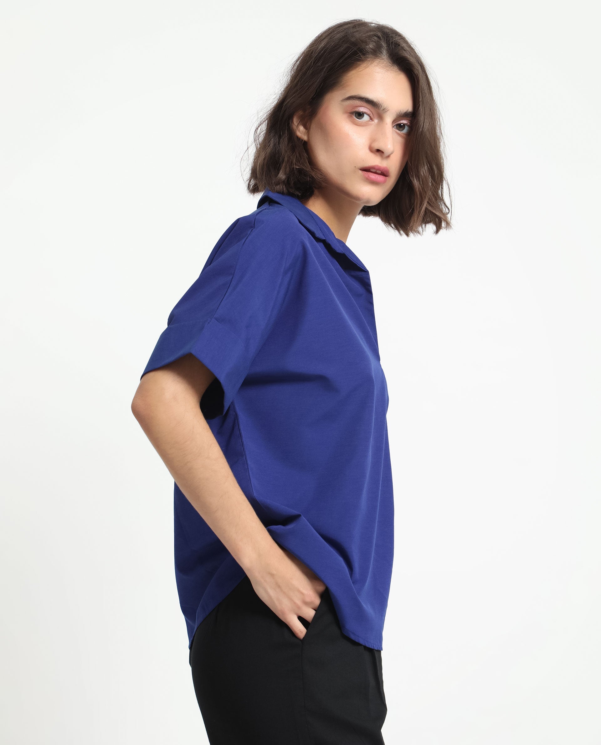 Rareism Women's Nilgan Blue Polyester Spread Collar Plain Cuffed Sleeve Regular Fit Top