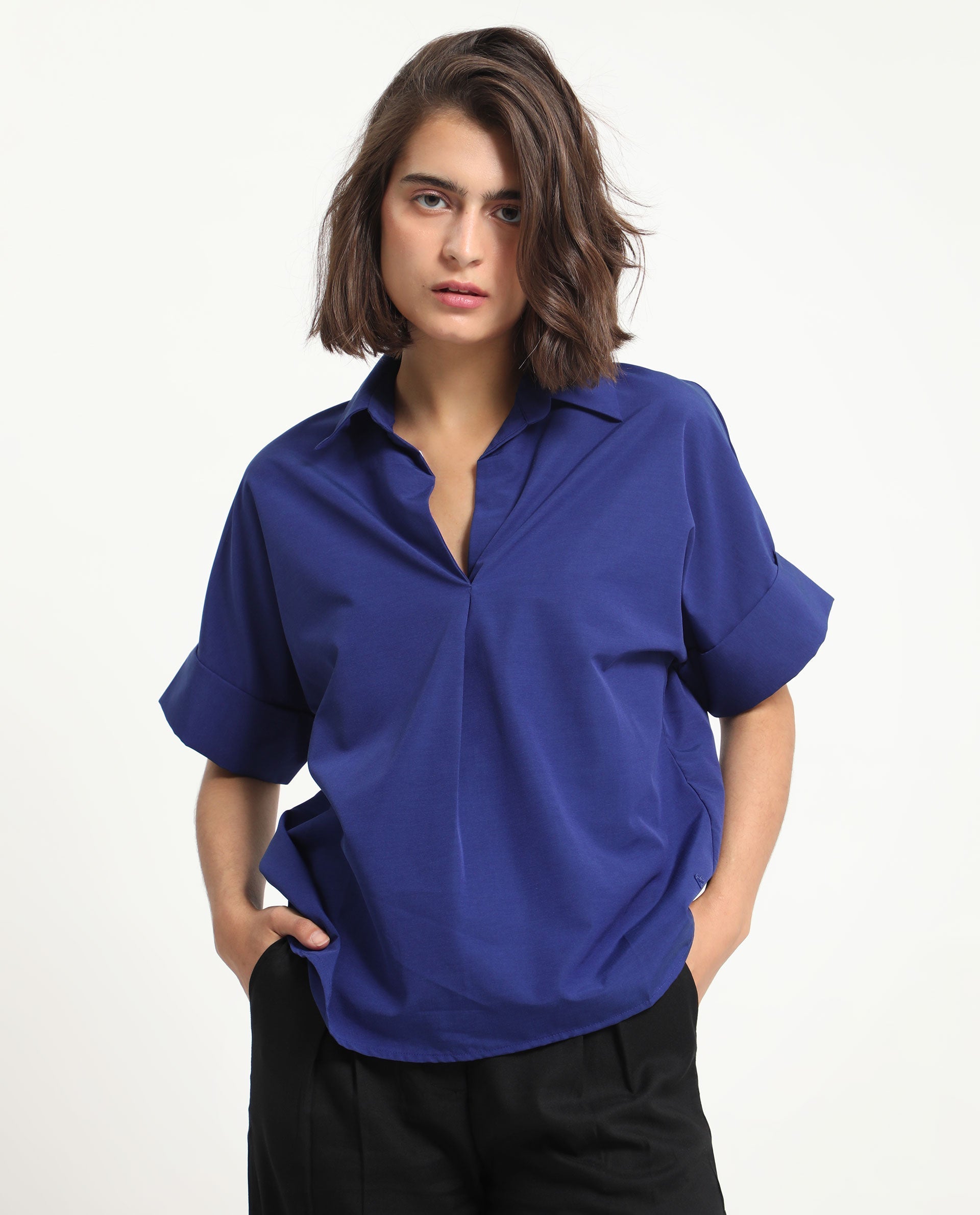 Rareism Women's Nilgan Blue Polyester Spread Collar Plain Cuffed Sleeve Regular Fit Top