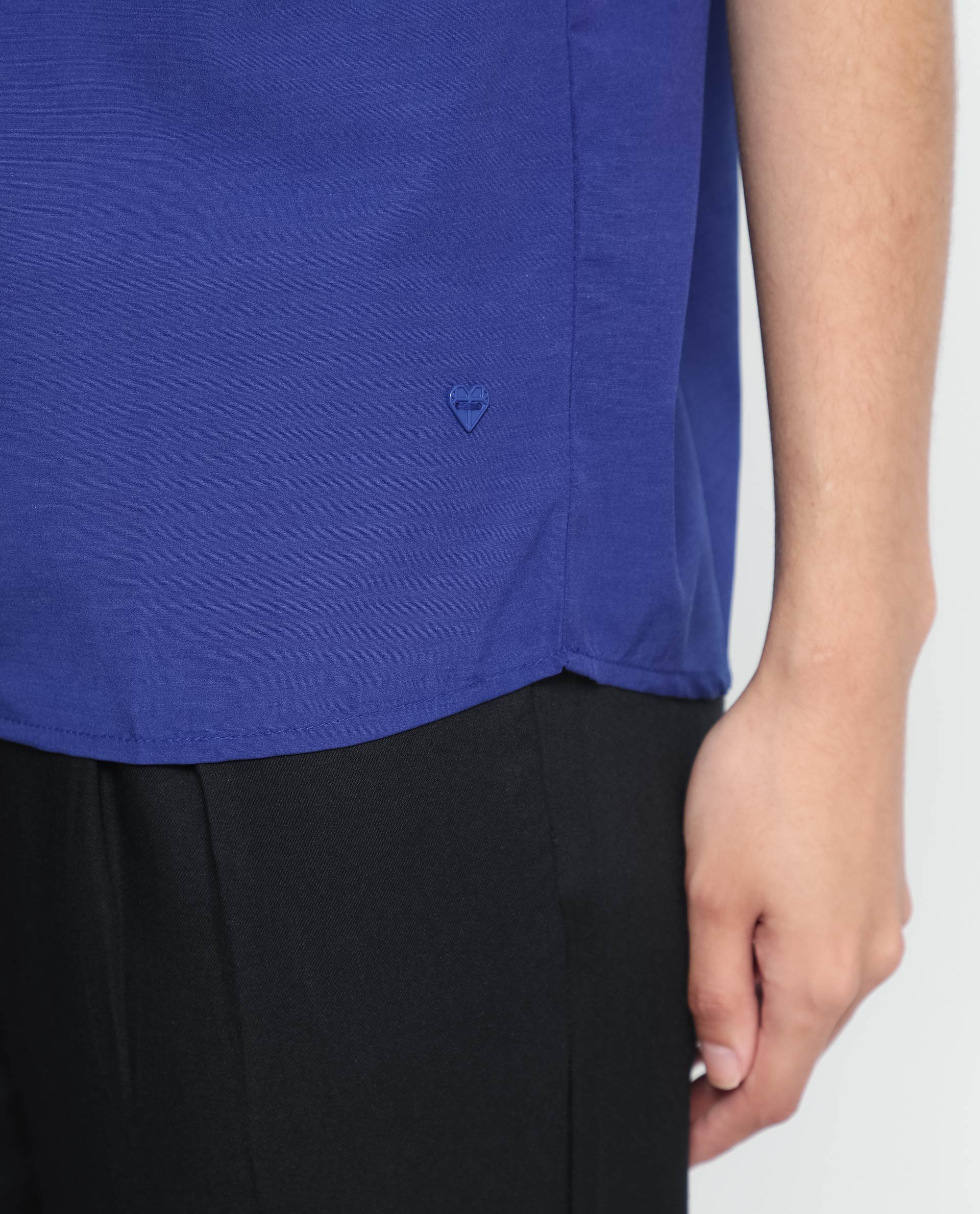 Rareism Women's Nilgan Blue Polyester Spread Collar Plain Cuffed Sleeve Regular Fit Top