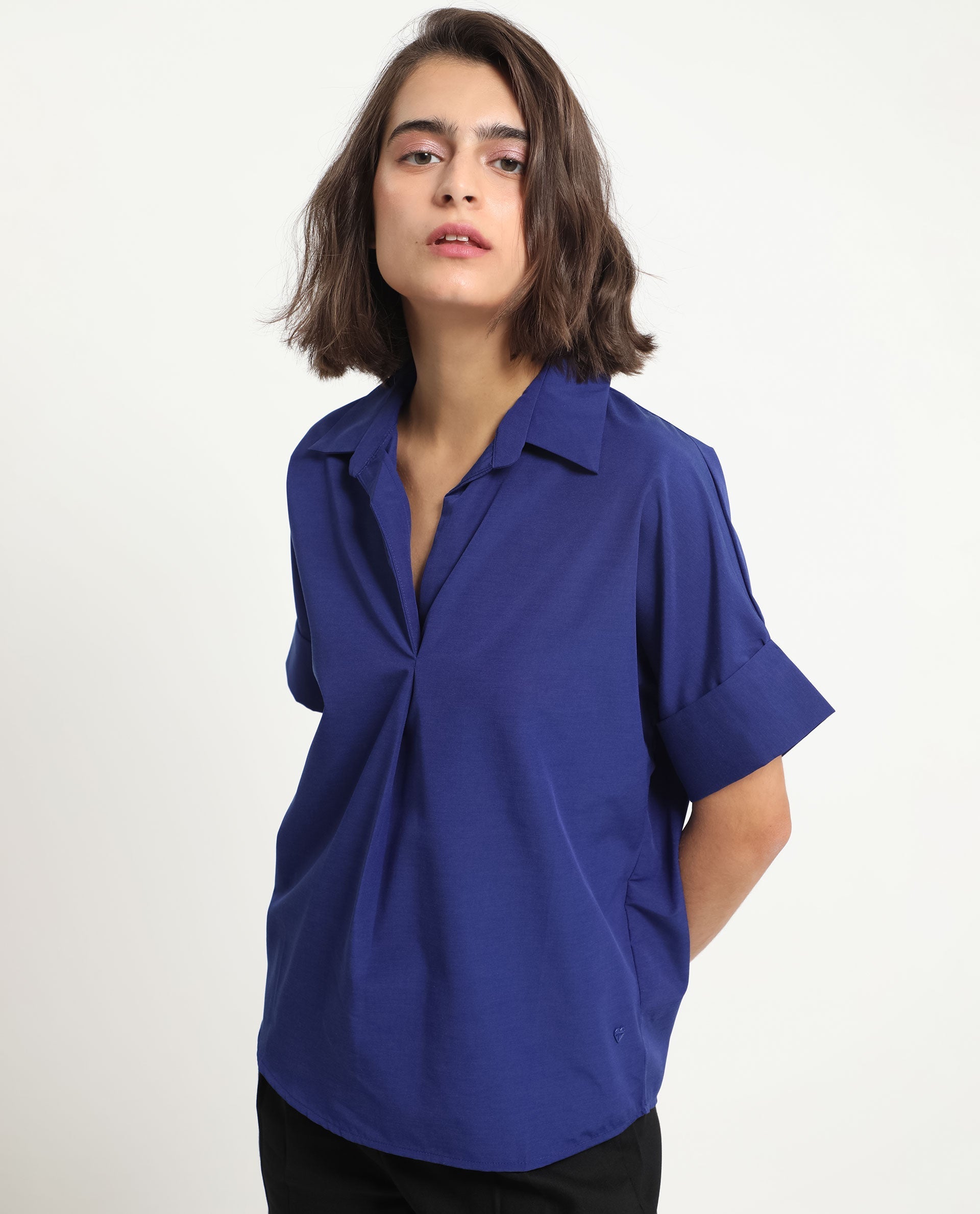 Rareism Women's Nilgan Blue Polyester Spread Collar Plain Cuffed Sleeve Regular Fit Top