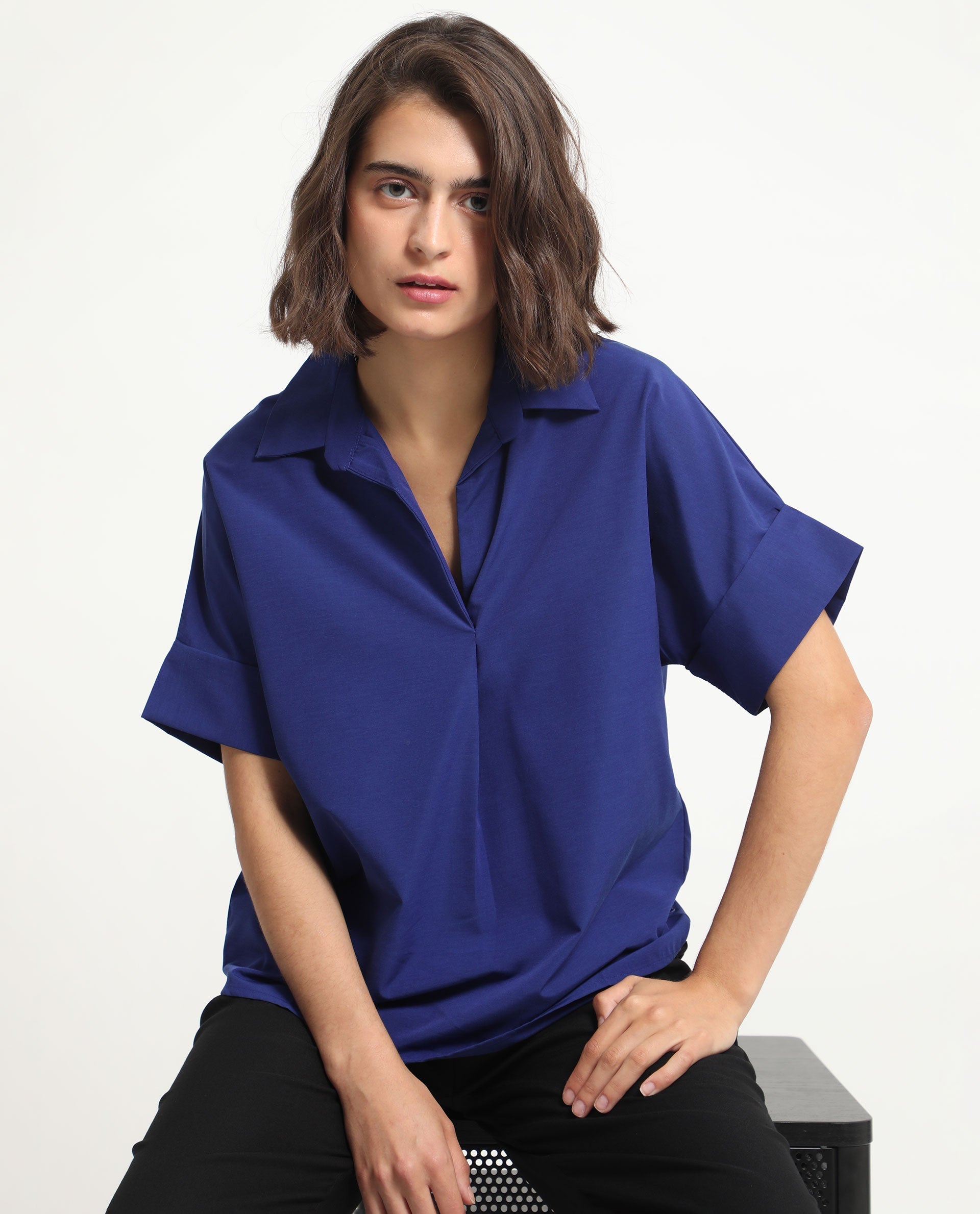 Rareism Women's Nilgan Blue Polyester Spread Collar Plain Cuffed Sleeve Regular Fit Top