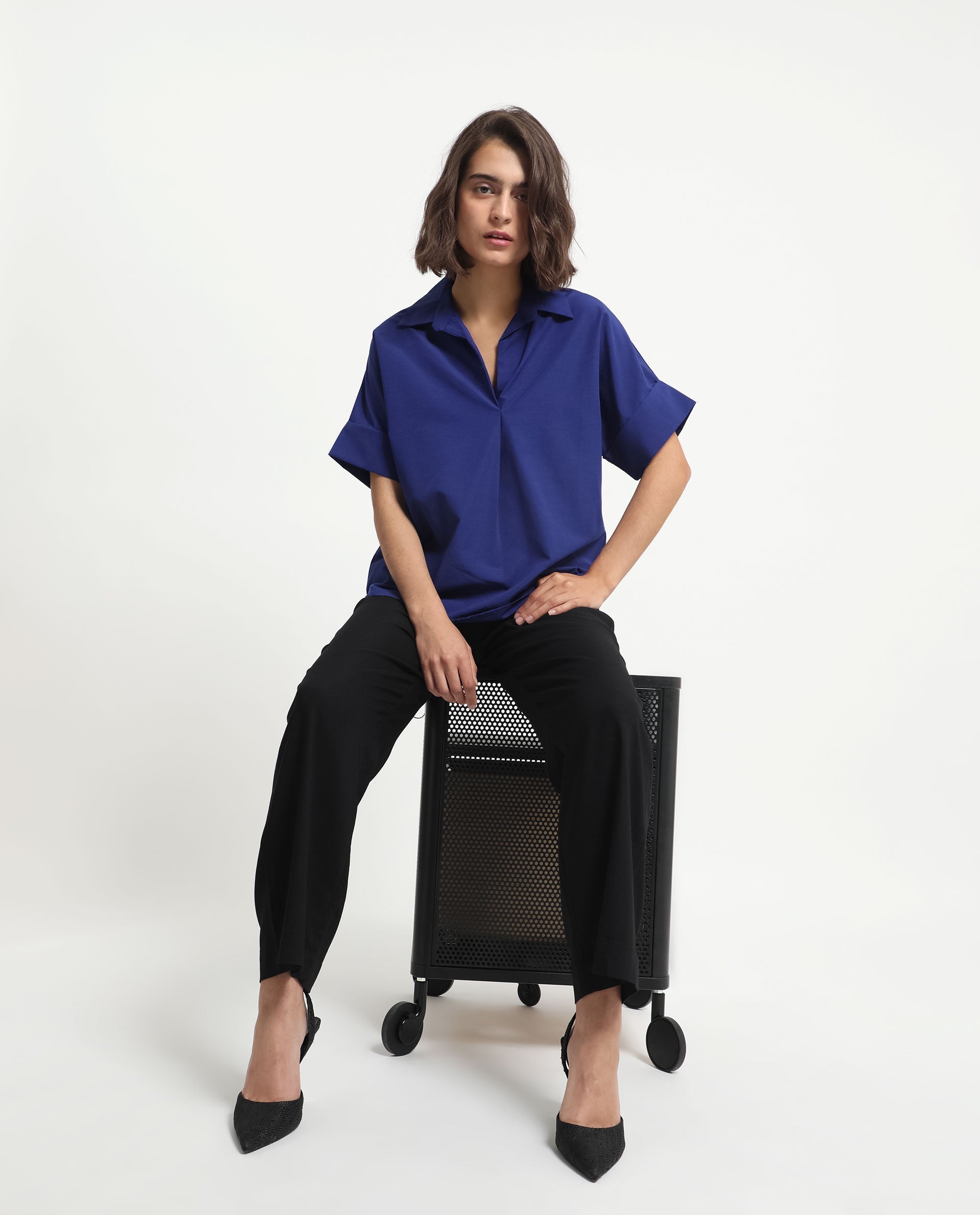 Rareism Women's Nilgan Blue Polyester Spread Collar Plain Cuffed Sleeve Regular Fit Top