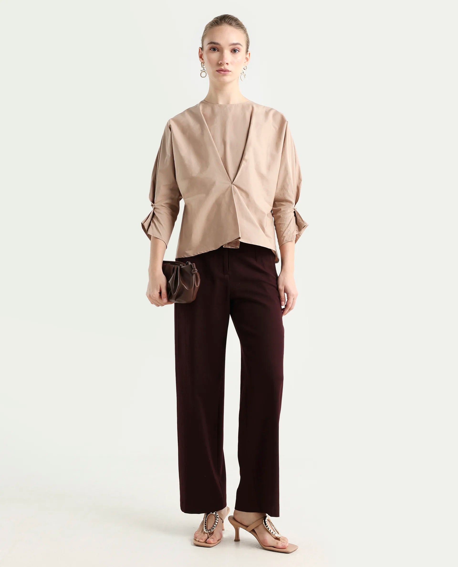 Rareism Women's Niloc - Beige Cotton Blend Crew Neck Plain Fashion Sleeve Relaxed Fit Top