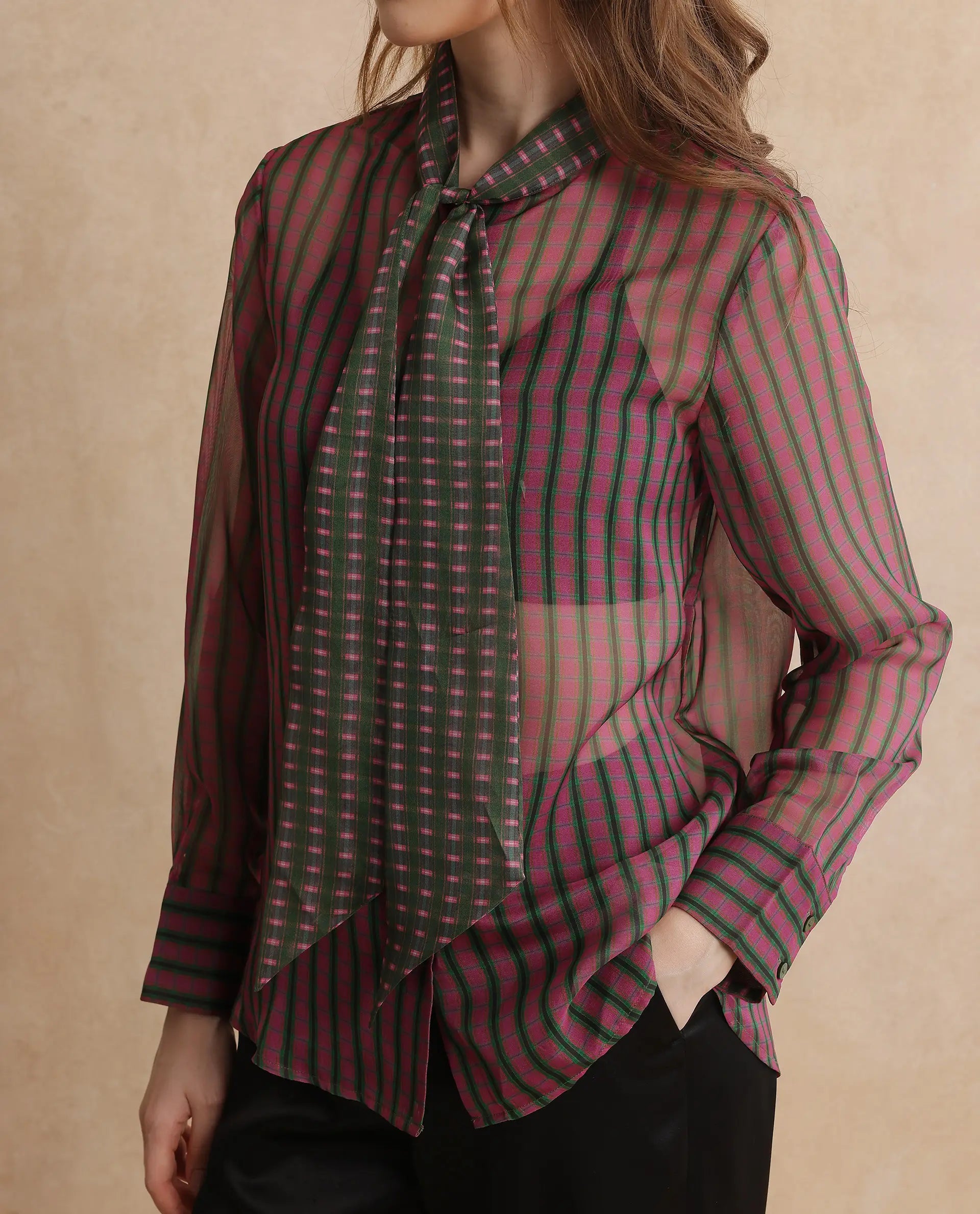 Rareism Women's Nioro Multi Polyester Tie-Up Neck Flannel Print Volume Sleeve Relaxed Fit Top