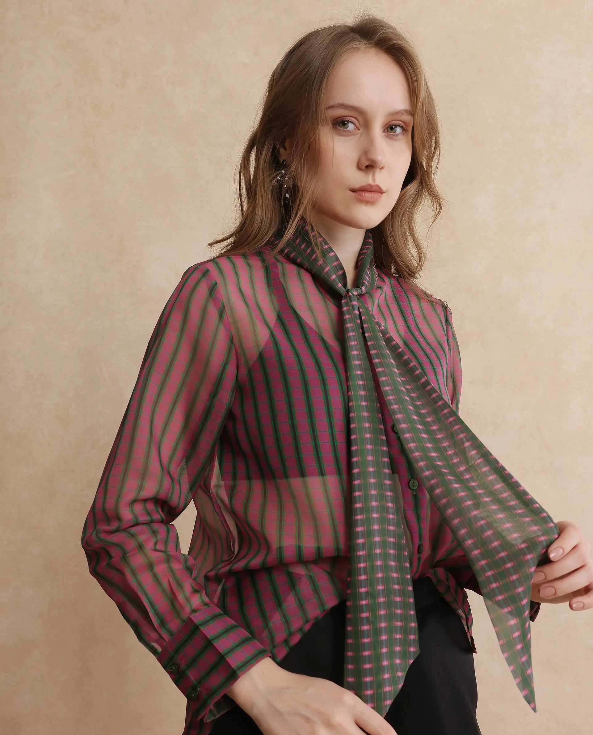 Rareism Women's Nioro Multi Polyester Tie-Up Neck Flannel Print Volume Sleeve Relaxed Fit Top