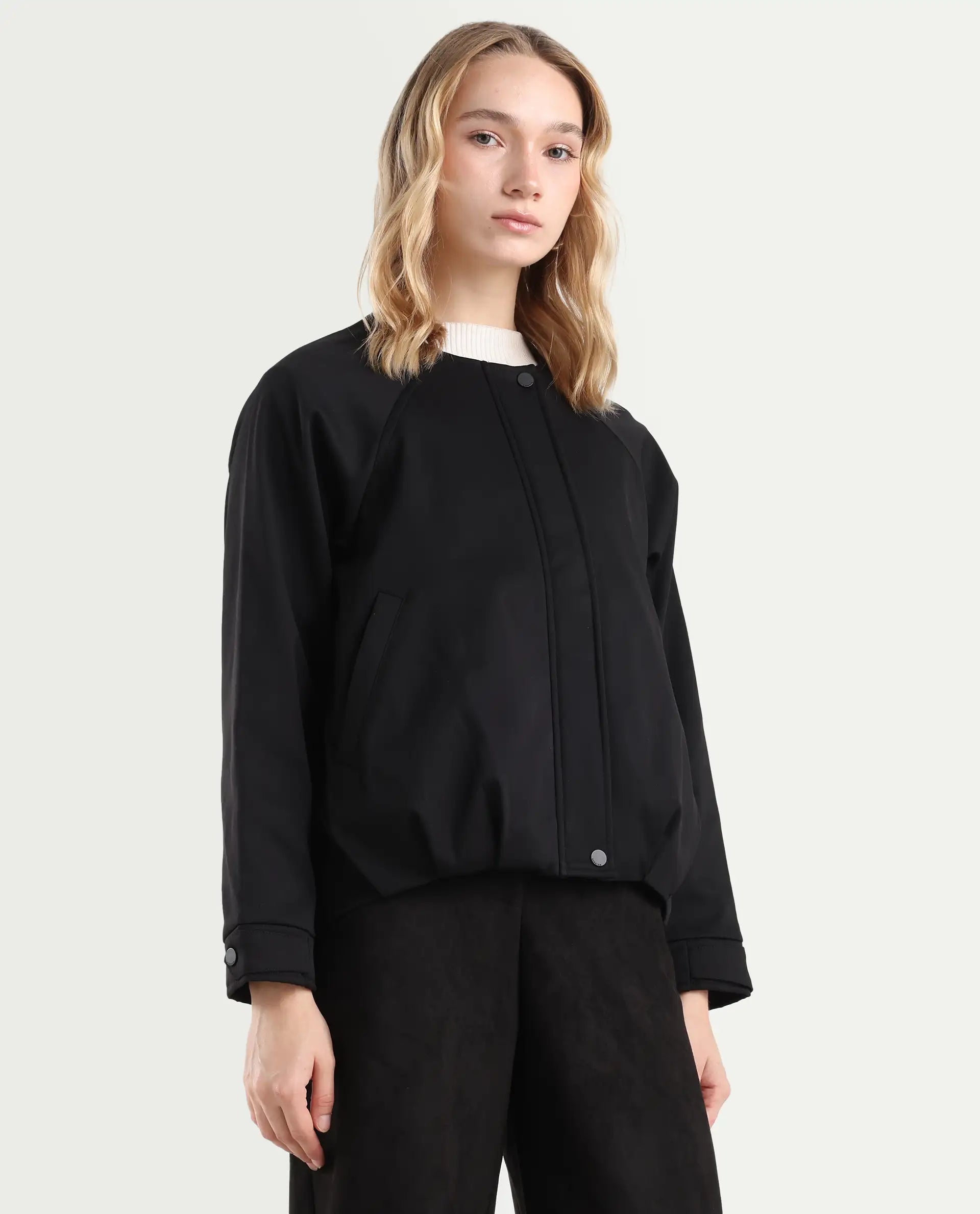 Rareism Women's Nira Black Polyester Crew Neck Relaxed Fit Jacket