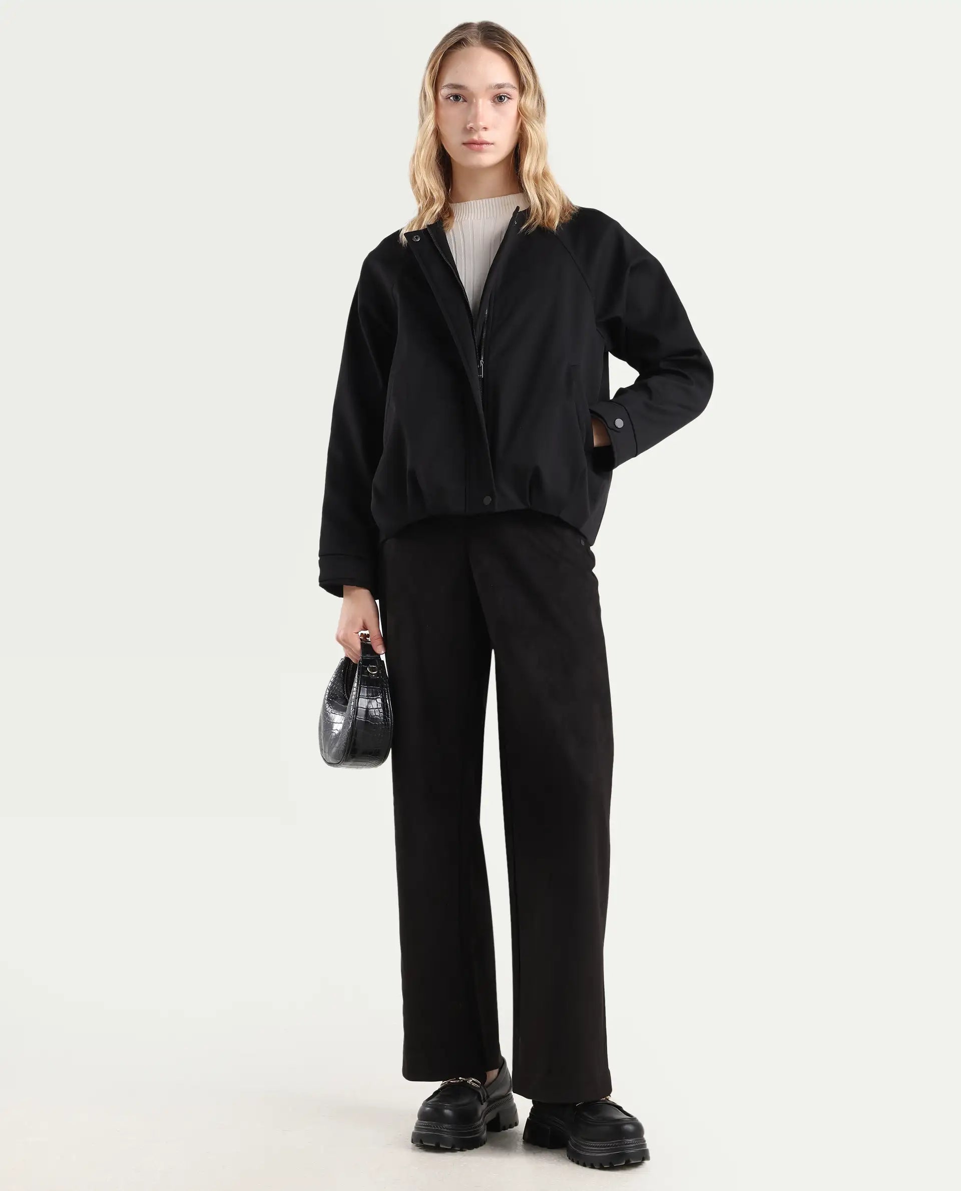 Rareism Women's Nira Black Polyester Crew Neck Relaxed Fit Jacket