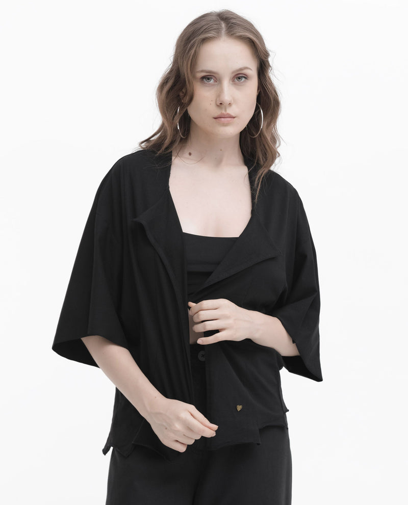 Rareism Women Nirv Black Cotton Fabric Short Sleeves Relaxed Fit Plain Shrug