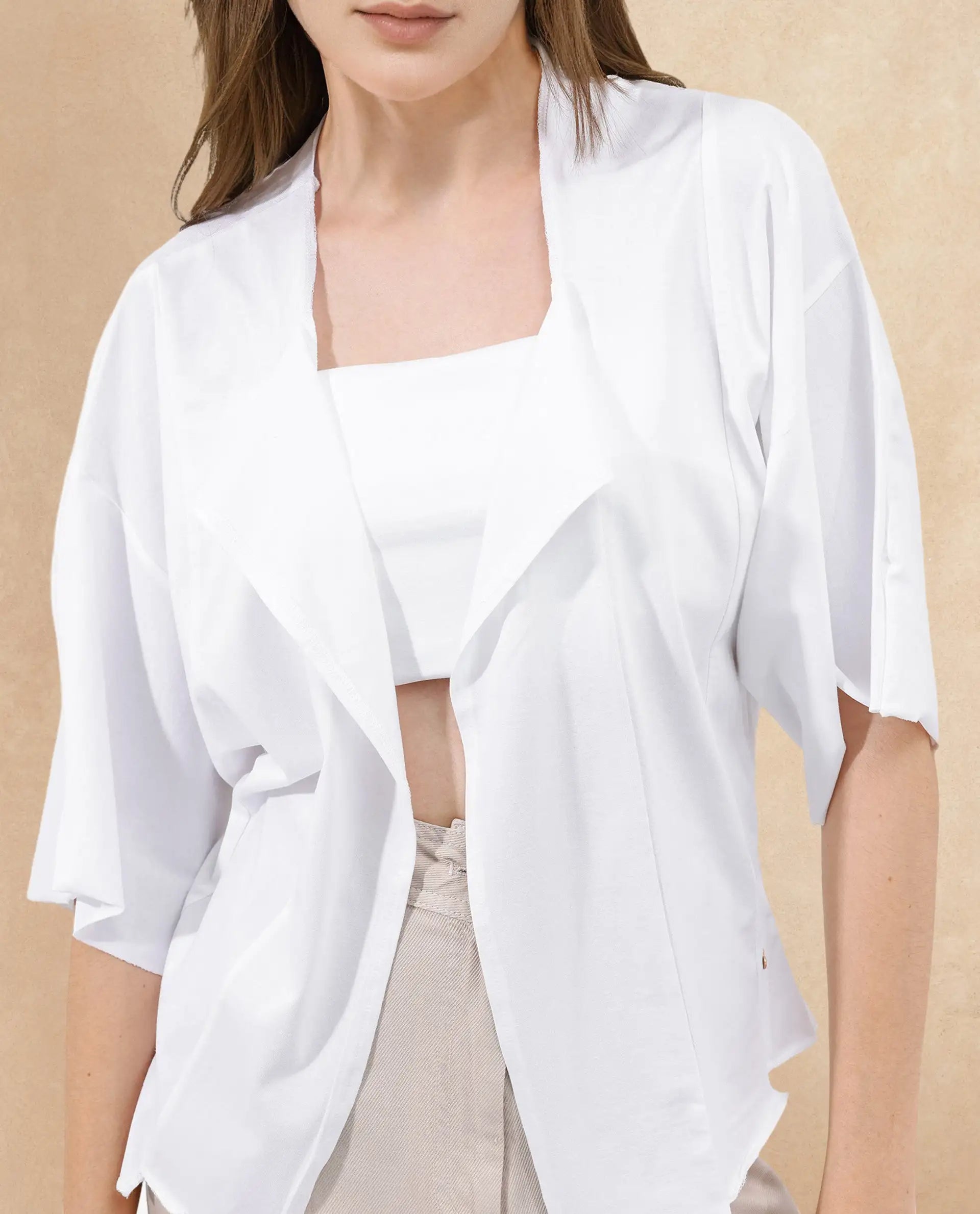 Rareism Women Nirv White Cotton Fabric Short Sleeves Relaxed Fit Plain Shrug