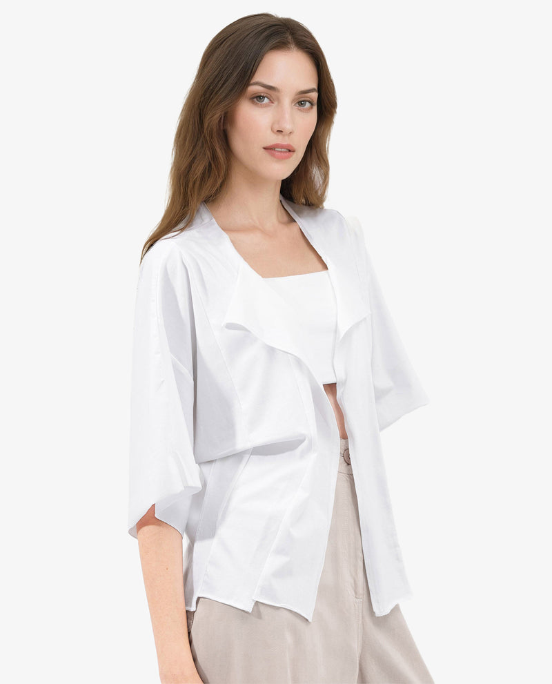 Rareism Women Nirv White Cotton Fabric Short Sleeves Relaxed Fit Plain Shrug