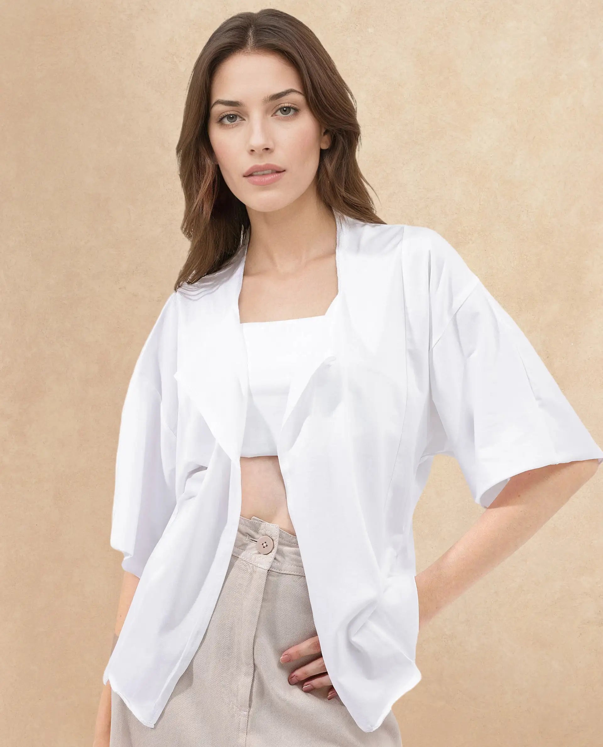 Rareism Women Nirv White Cotton Fabric Short Sleeves Relaxed Fit Plain Shrug