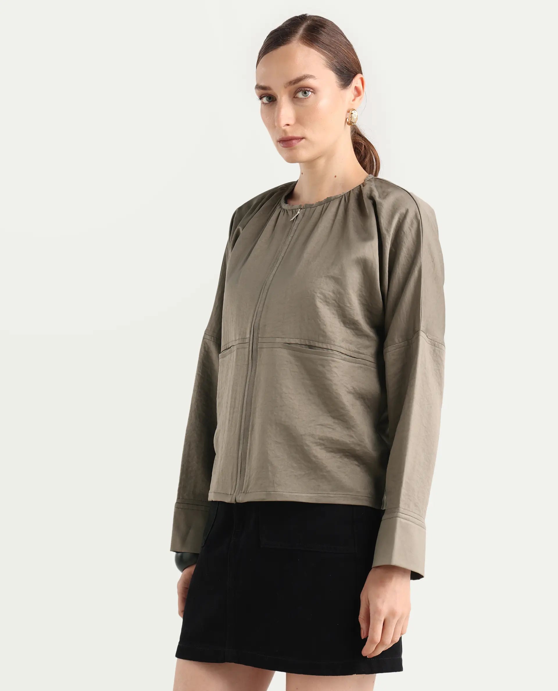 Rareism Women's Nisat Olive Polyester Round Neck Relaxed Plain Jacket