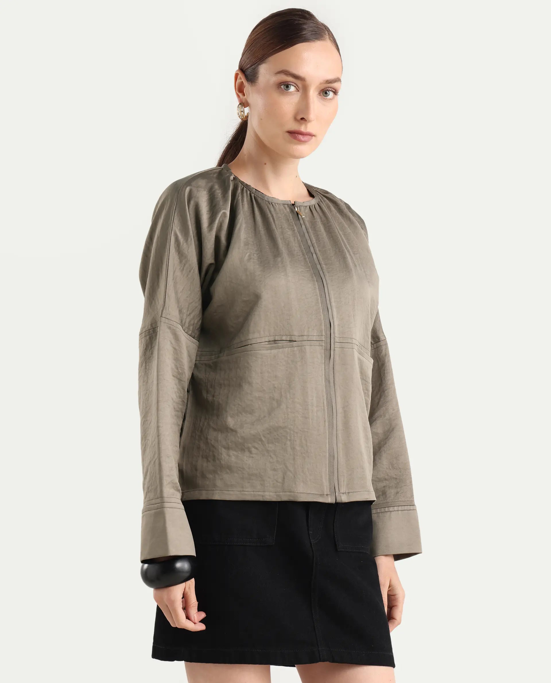 Rareism Women's Nisat Olive Polyester Round Neck Relaxed Plain Jacket