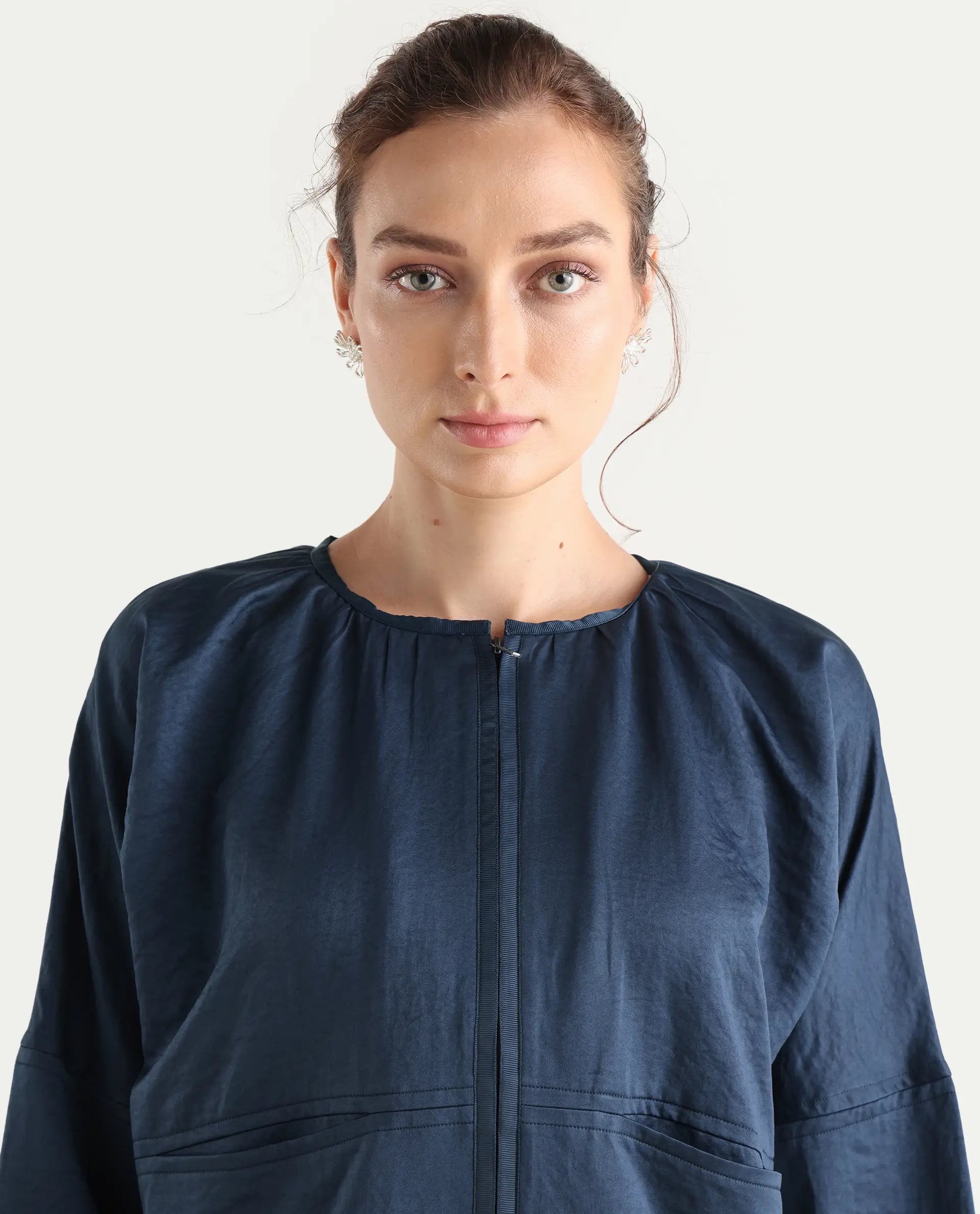 Rareism Women's Nisat Navy Polyester Round Neck Relaxed Plain Jacket